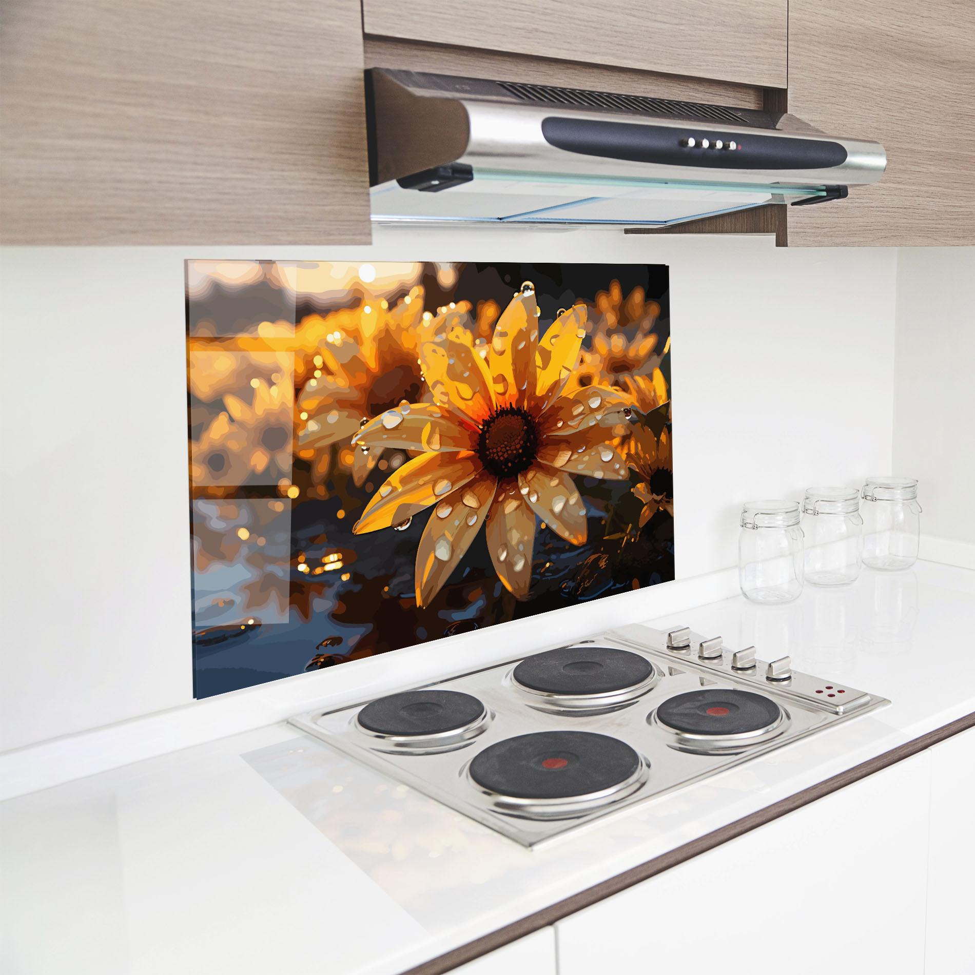 Panou Sticla Bucatarie Rainy Yellow Daisy mockup 8