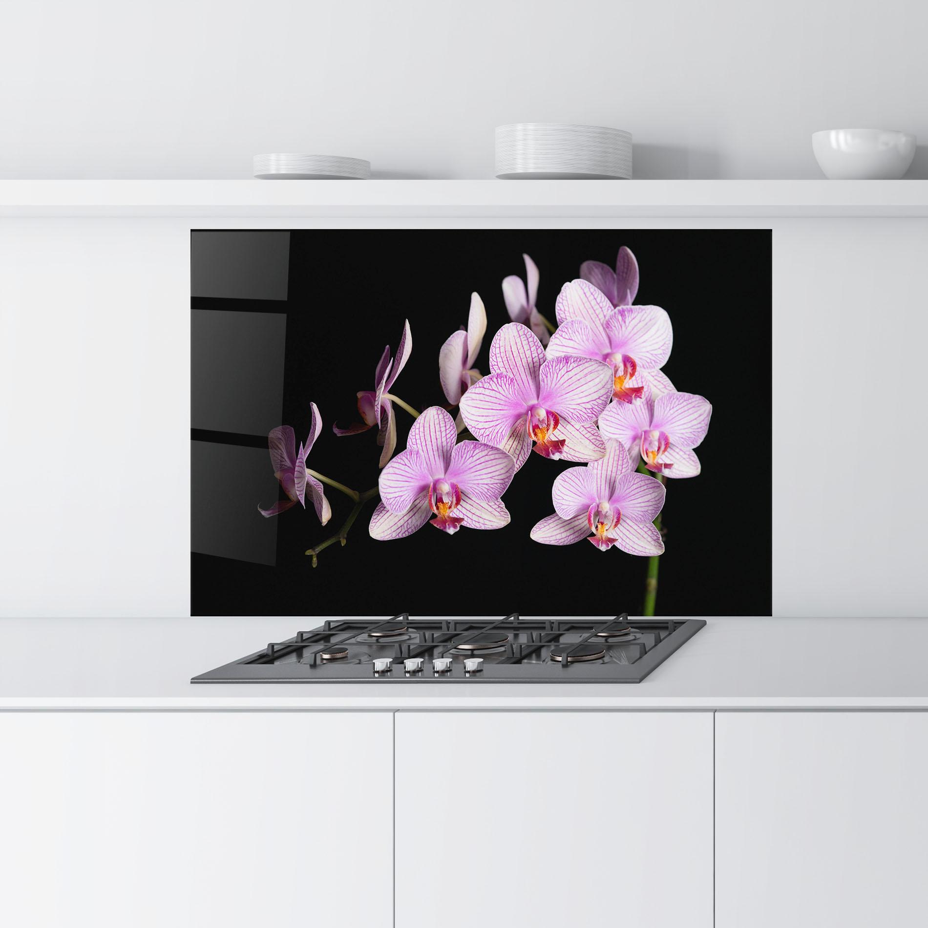 Panou Sticla Bucatarie Beautiful Orchids On Black mockup 9