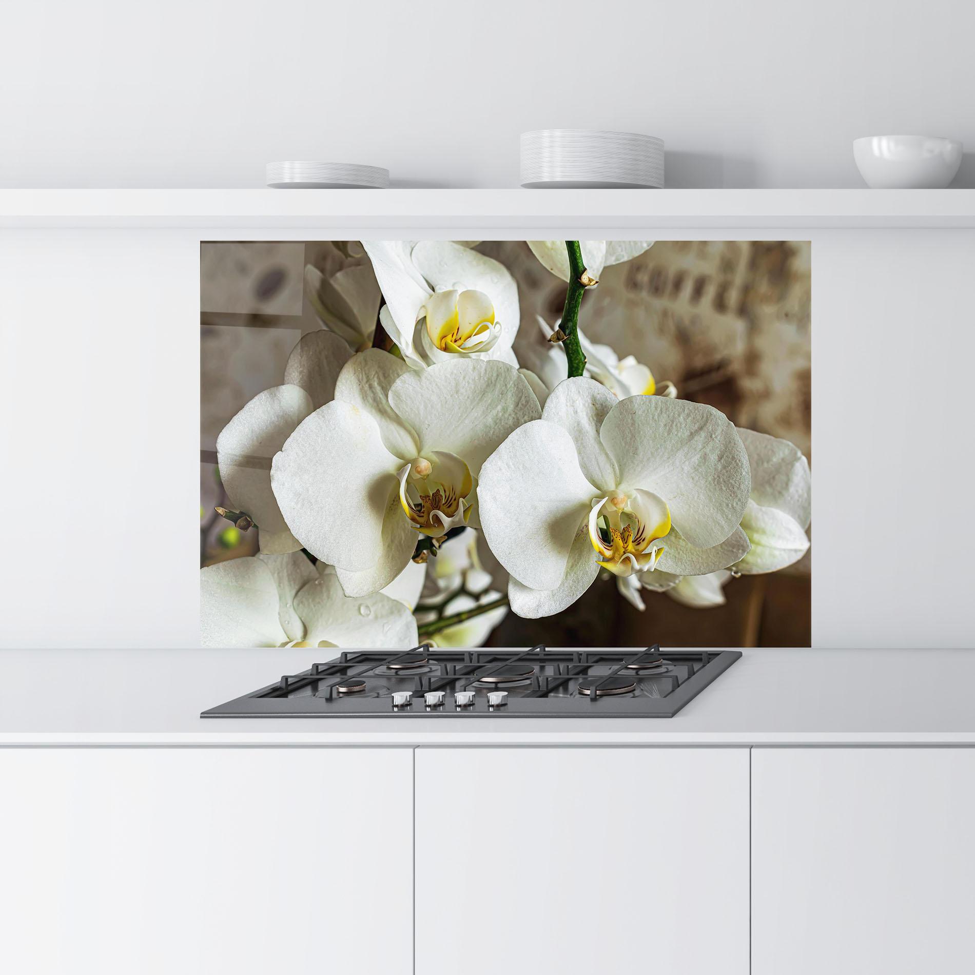Panou Sticla Bucatarie Beautiful White Orchids mockup 9