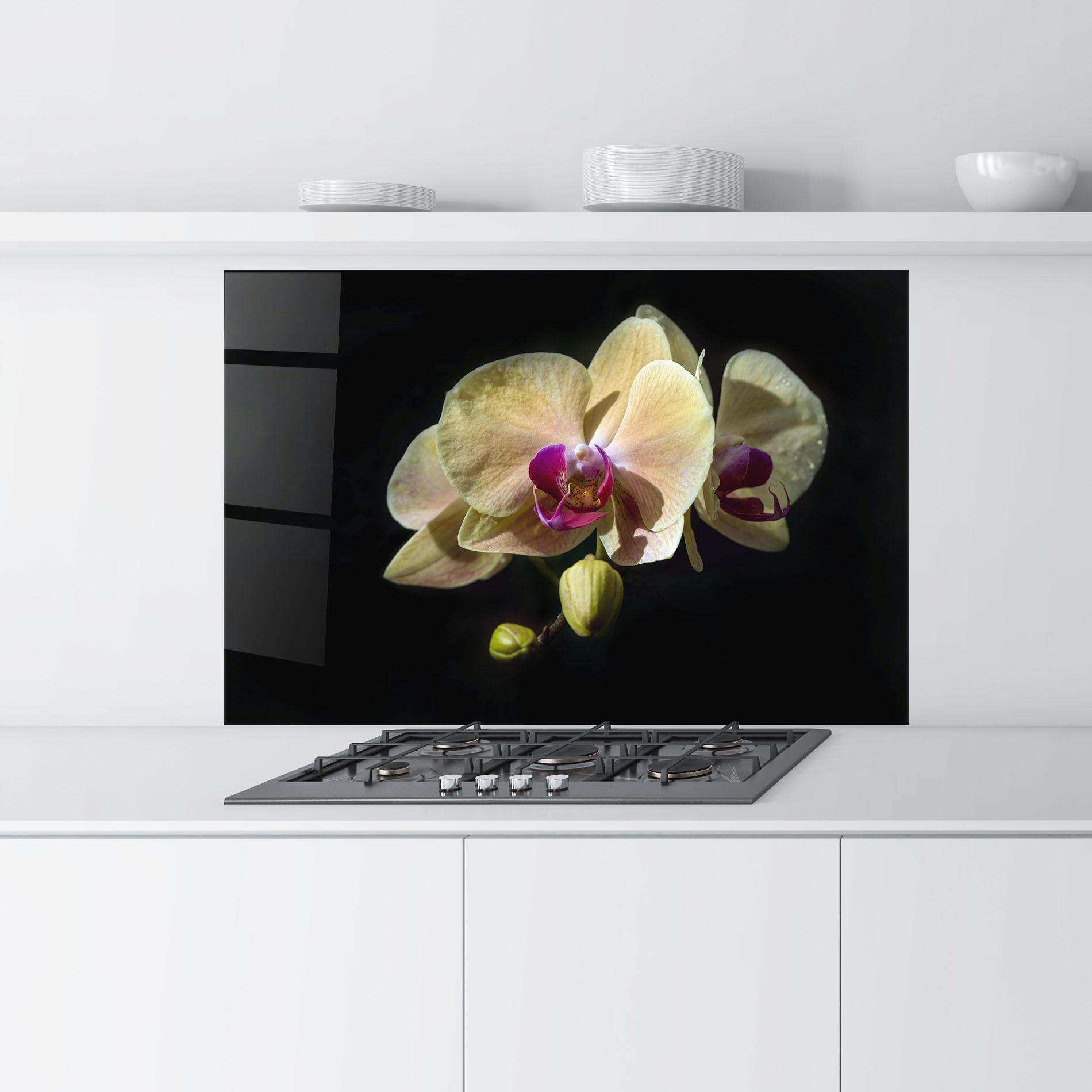 Panou Sticla Bucatarie Pastel Yellow Orchids mockup 9