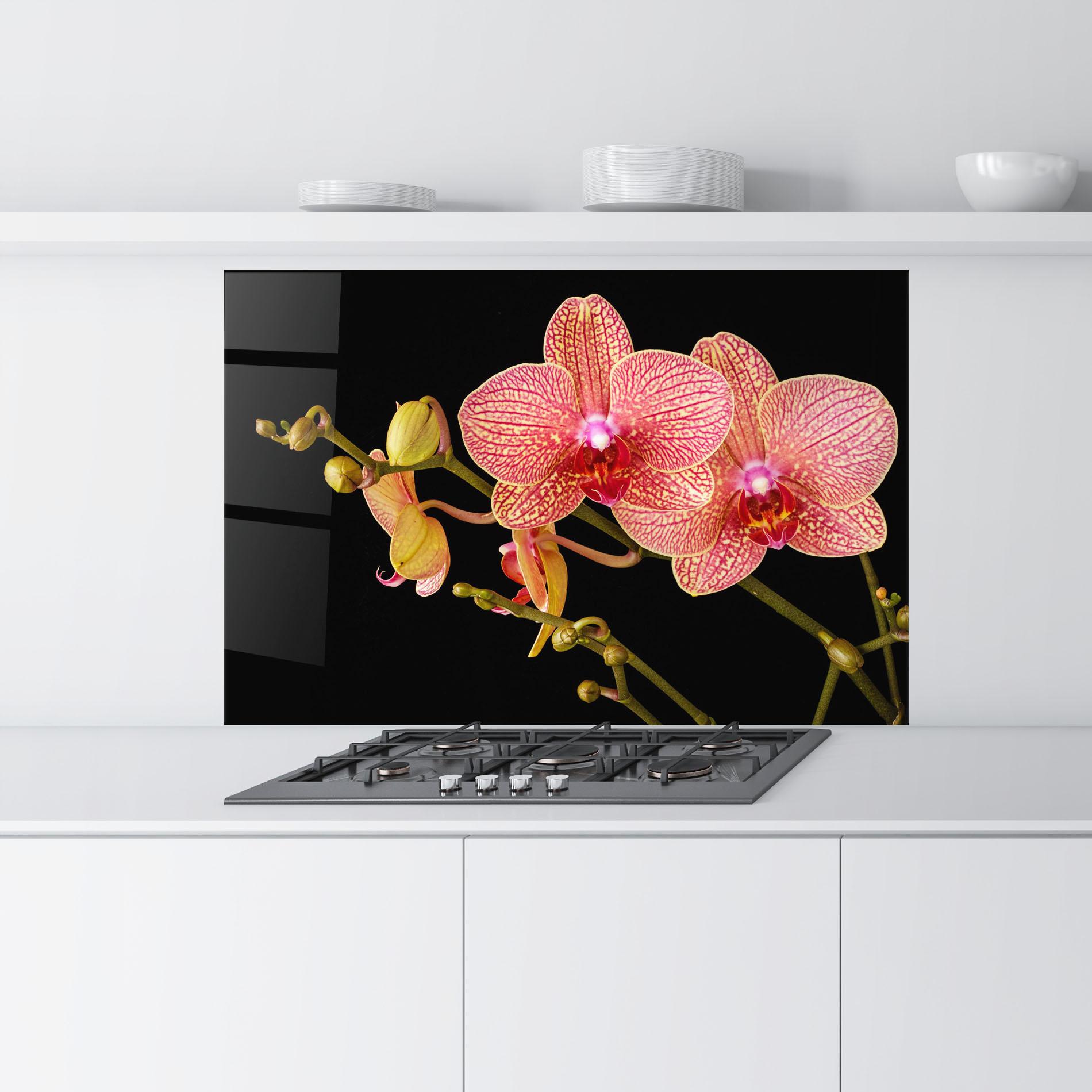 Panou Sticla Bucatarie Pink Orchids On Black mockup 9