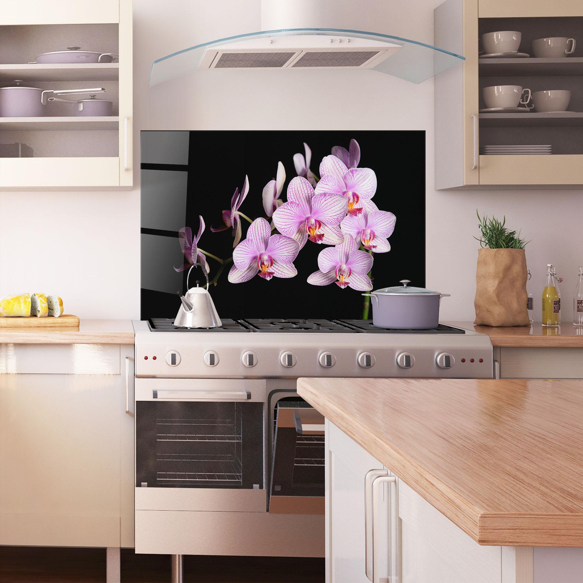 Panou Sticla Bucatarie Beautiful Orchids On Black mockup 1