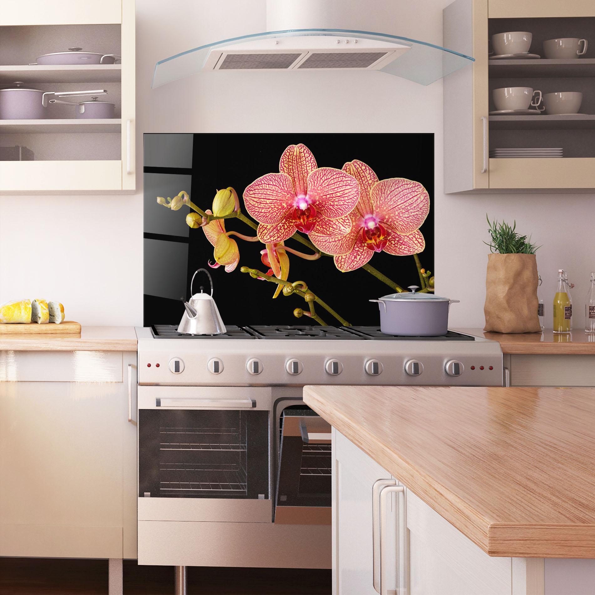 Panou Sticla Bucatarie Pink Orchids On Black mockup 1