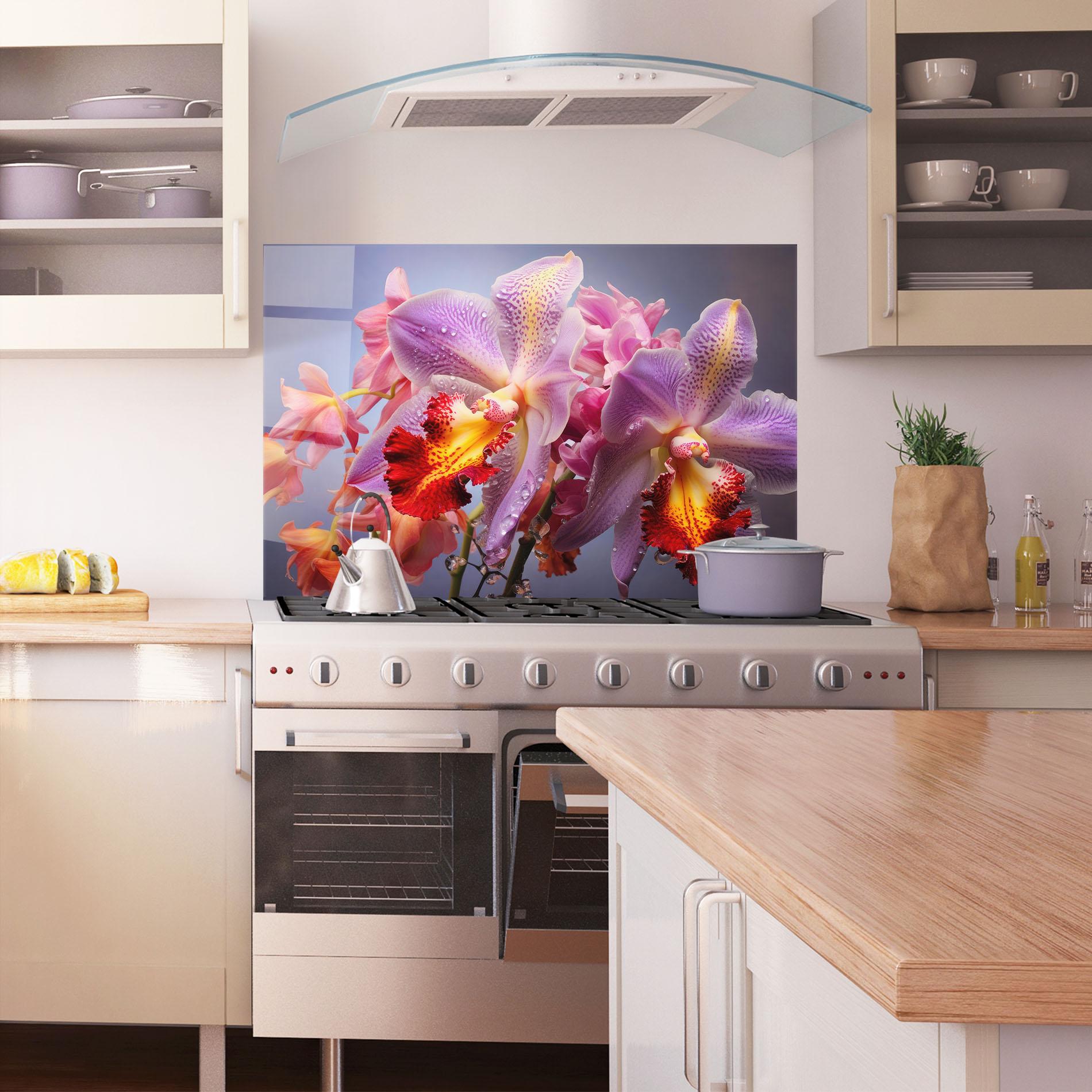 Panou Sticla Bucatarie Purple Orange Orchid View mockup 1