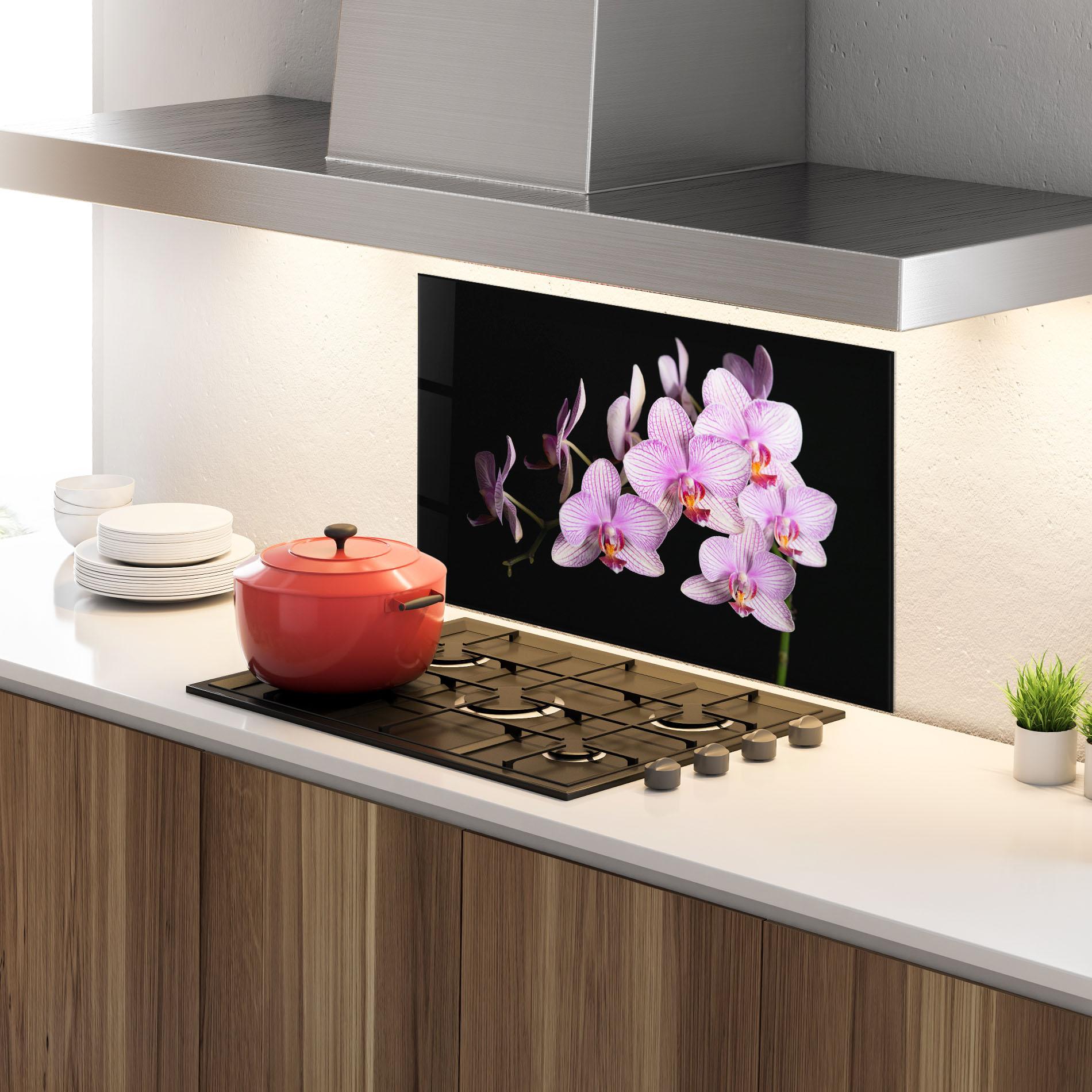 Panou Sticla Bucatarie Beautiful Orchids On Black mockup 4