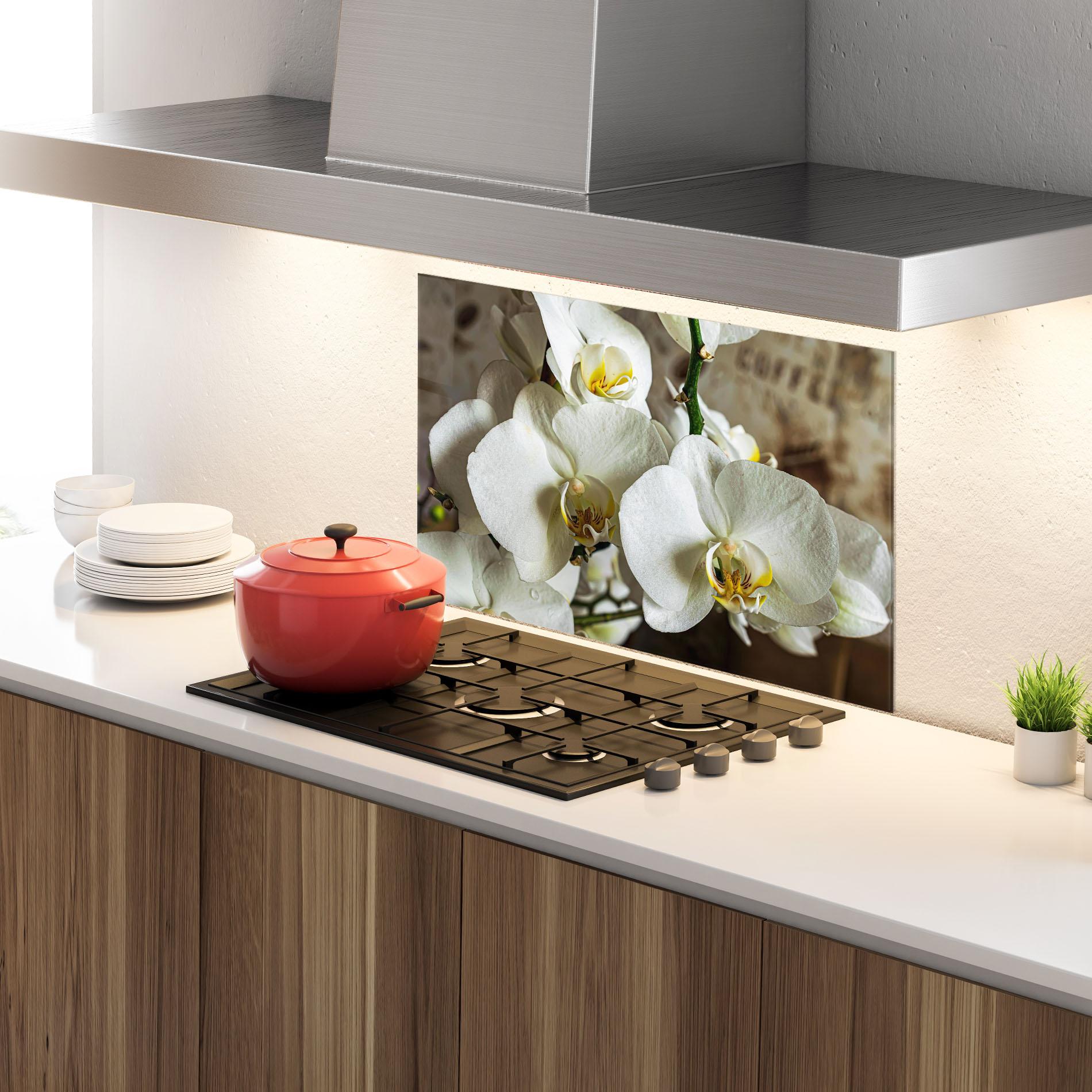 Panou Sticla Bucatarie Beautiful White Orchids mockup 4