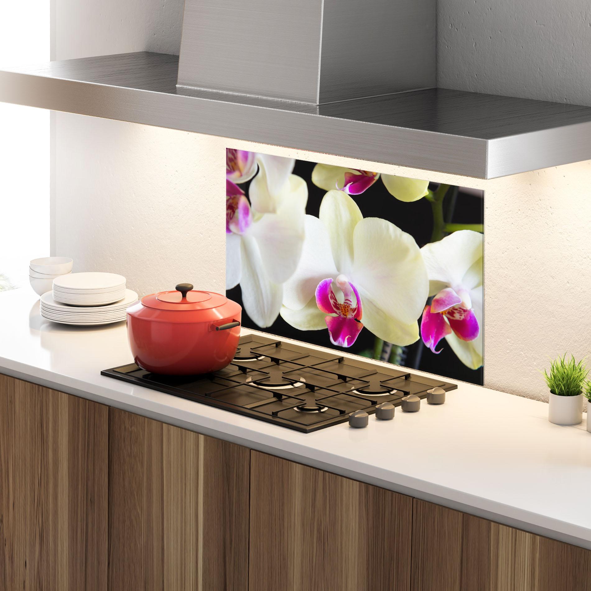 Panou Sticla Bucatarie Cream Purple Orchids mockup 4