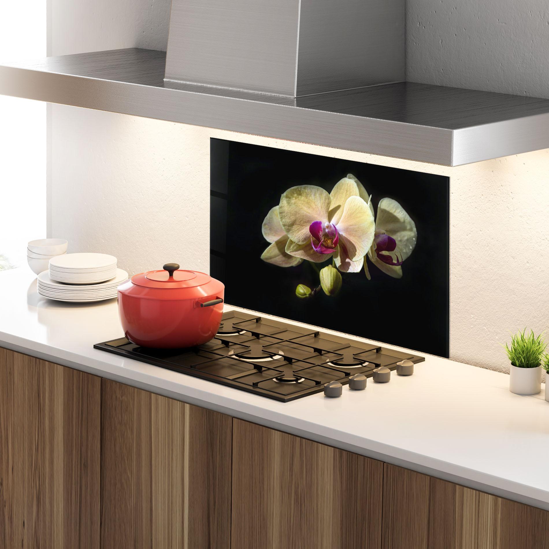 Panou Sticla Bucatarie Pastel Yellow Orchids mockup 4