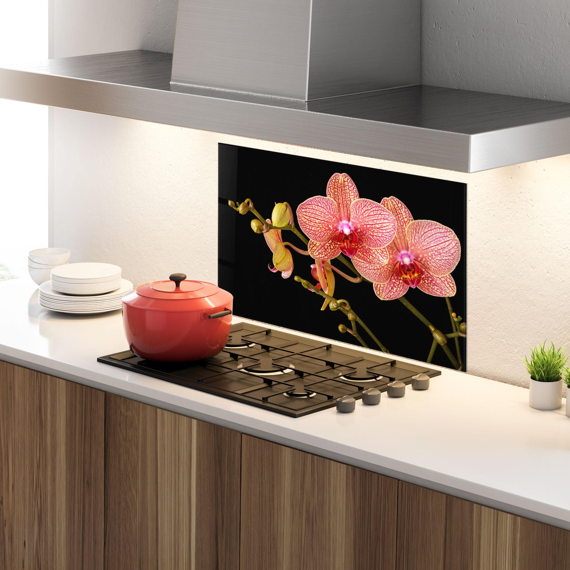 Panou Sticla Bucatarie Pink Orchids On Black mockup 4