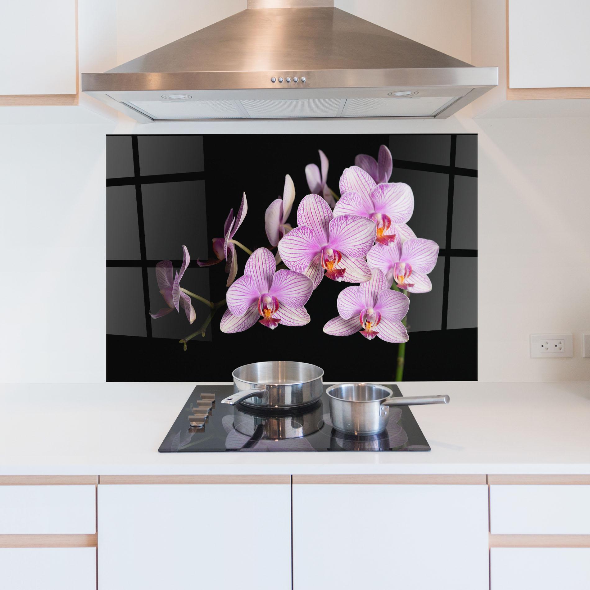 Panou Sticla Bucatarie Beautiful Orchids On Black mockup 5