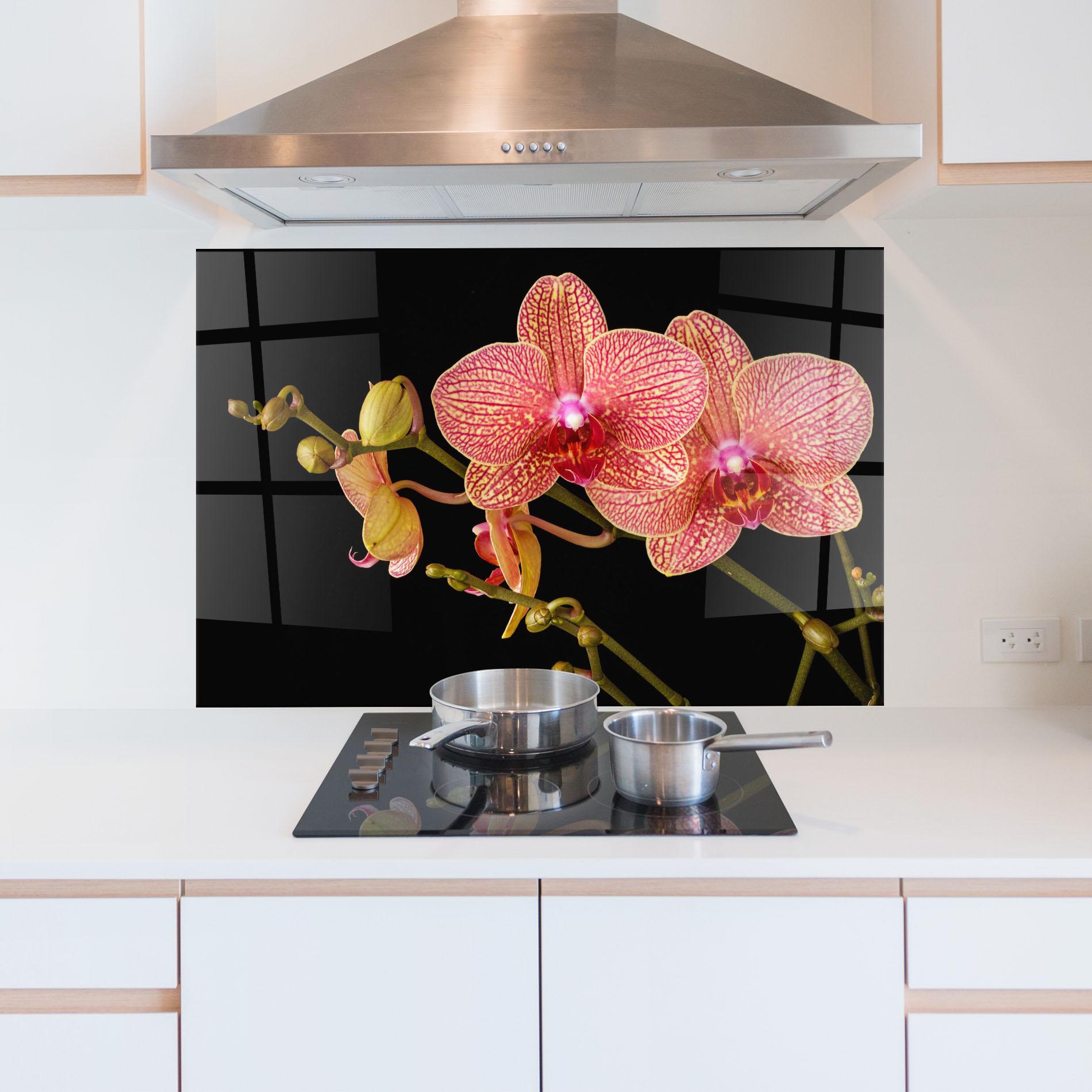 Panou Sticla Bucatarie Pink Orchids On Black mockup 5