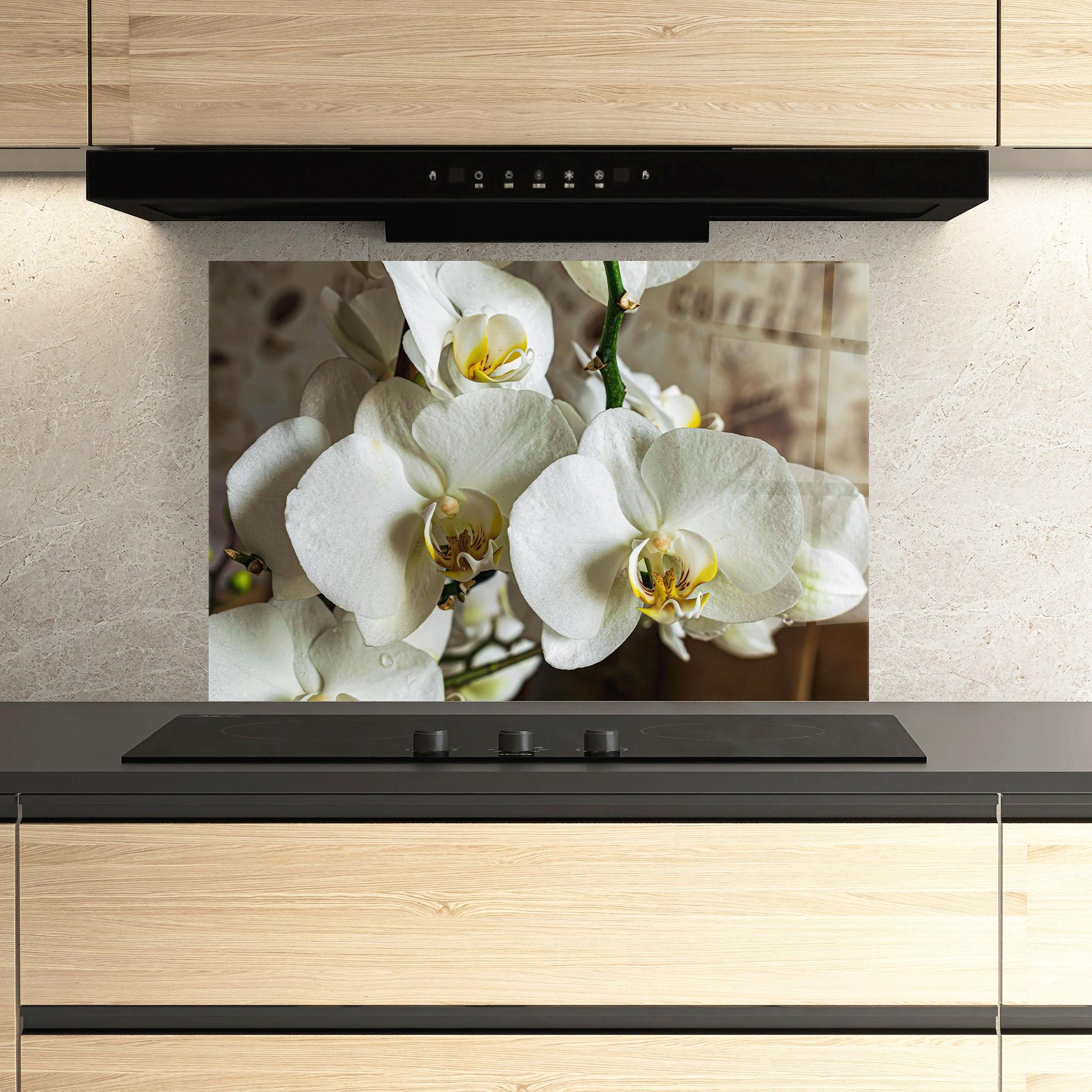 Panou Sticla Bucatarie Beautiful White Orchids mockup 3