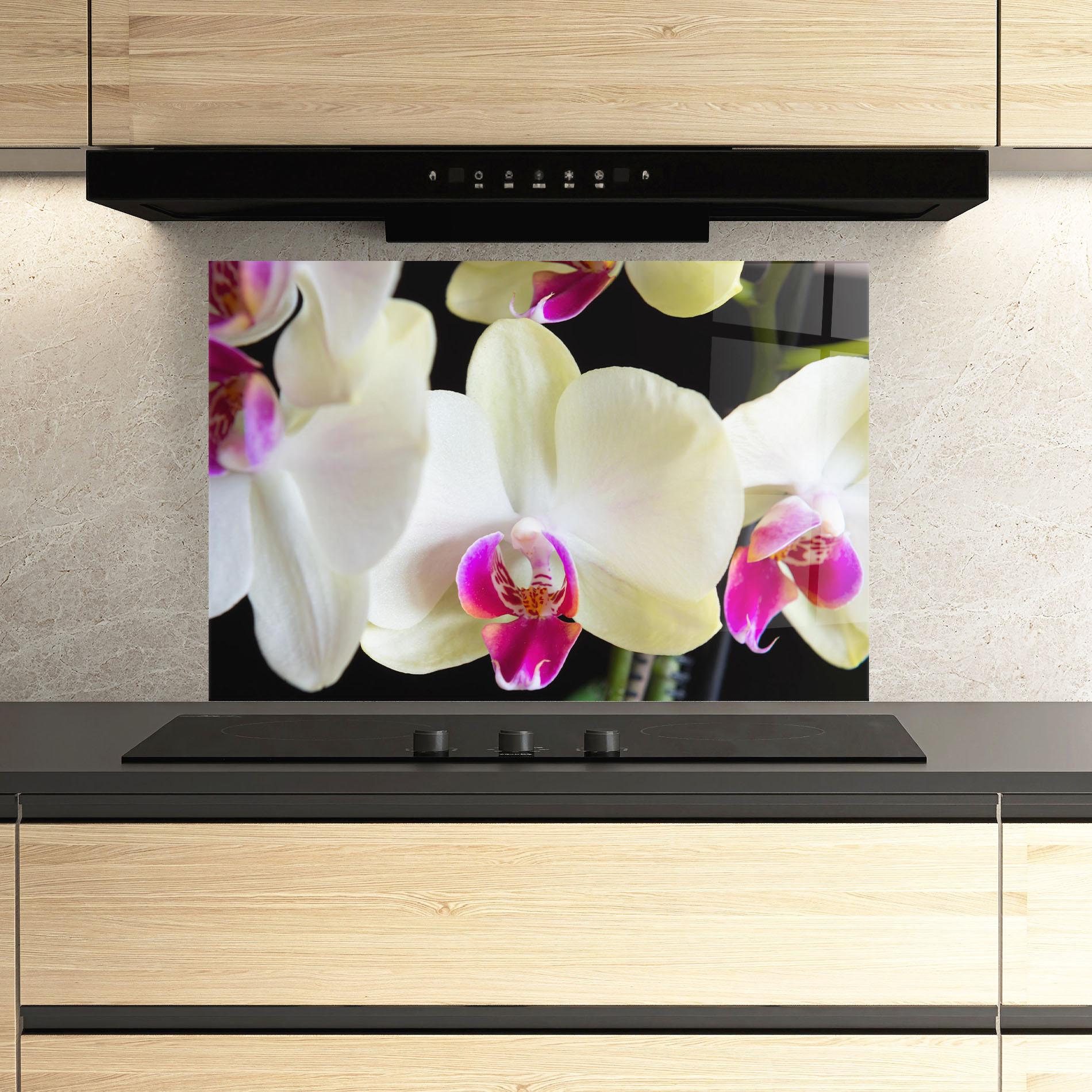 Panou Sticla Bucatarie Cream Purple Orchids mockup 3