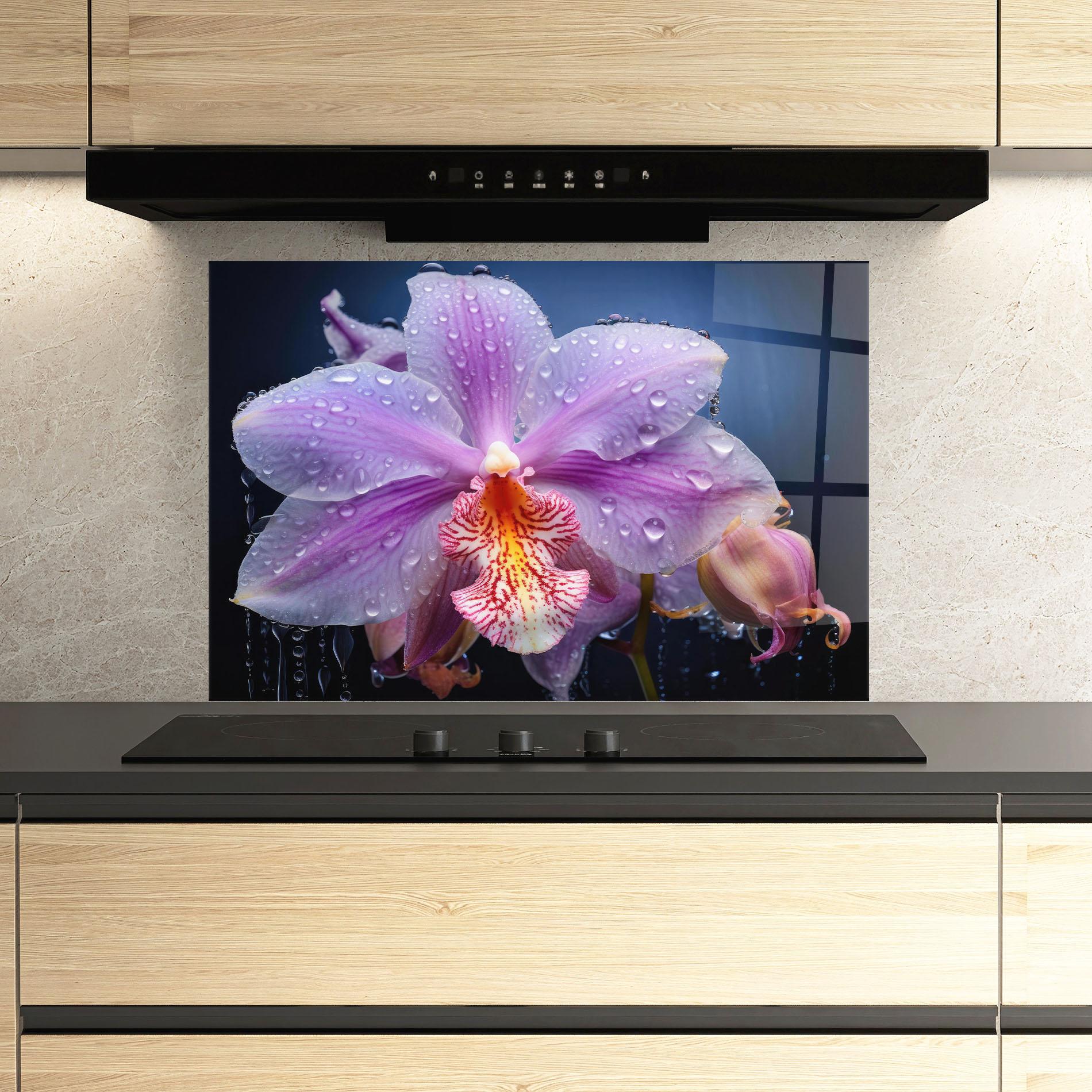 Panou Sticla Bucatarie Orchid In Rain mockup 3