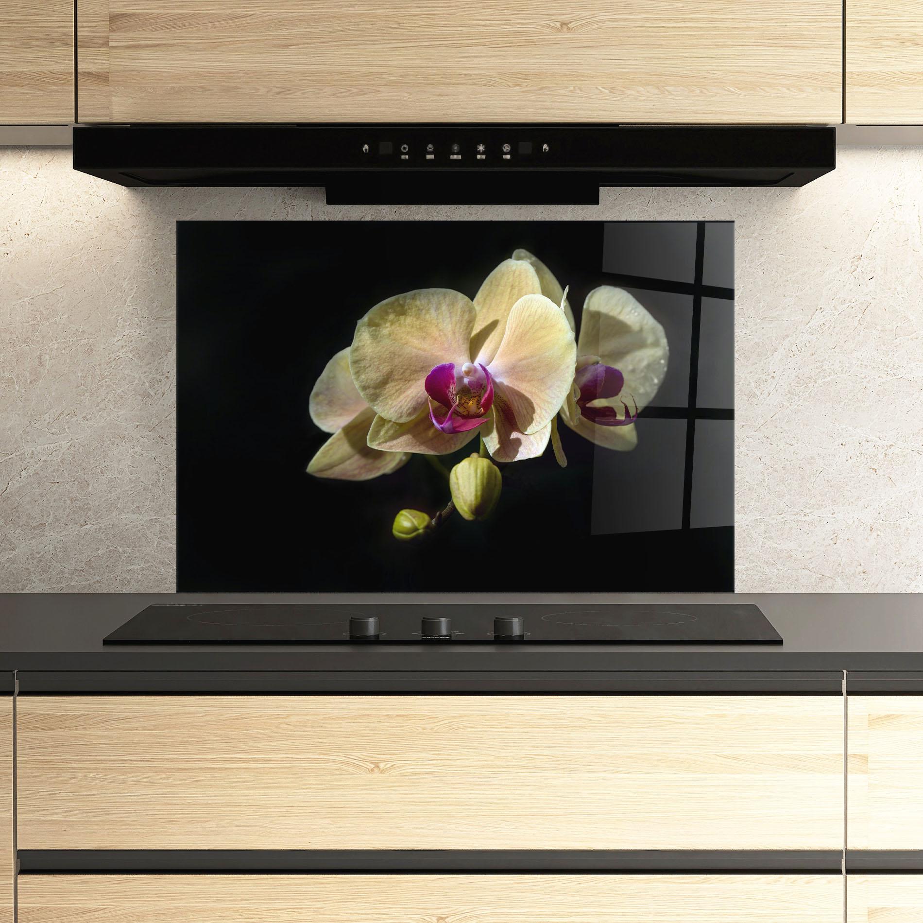 Panou Sticla Bucatarie Pastel Yellow Orchids mockup 3