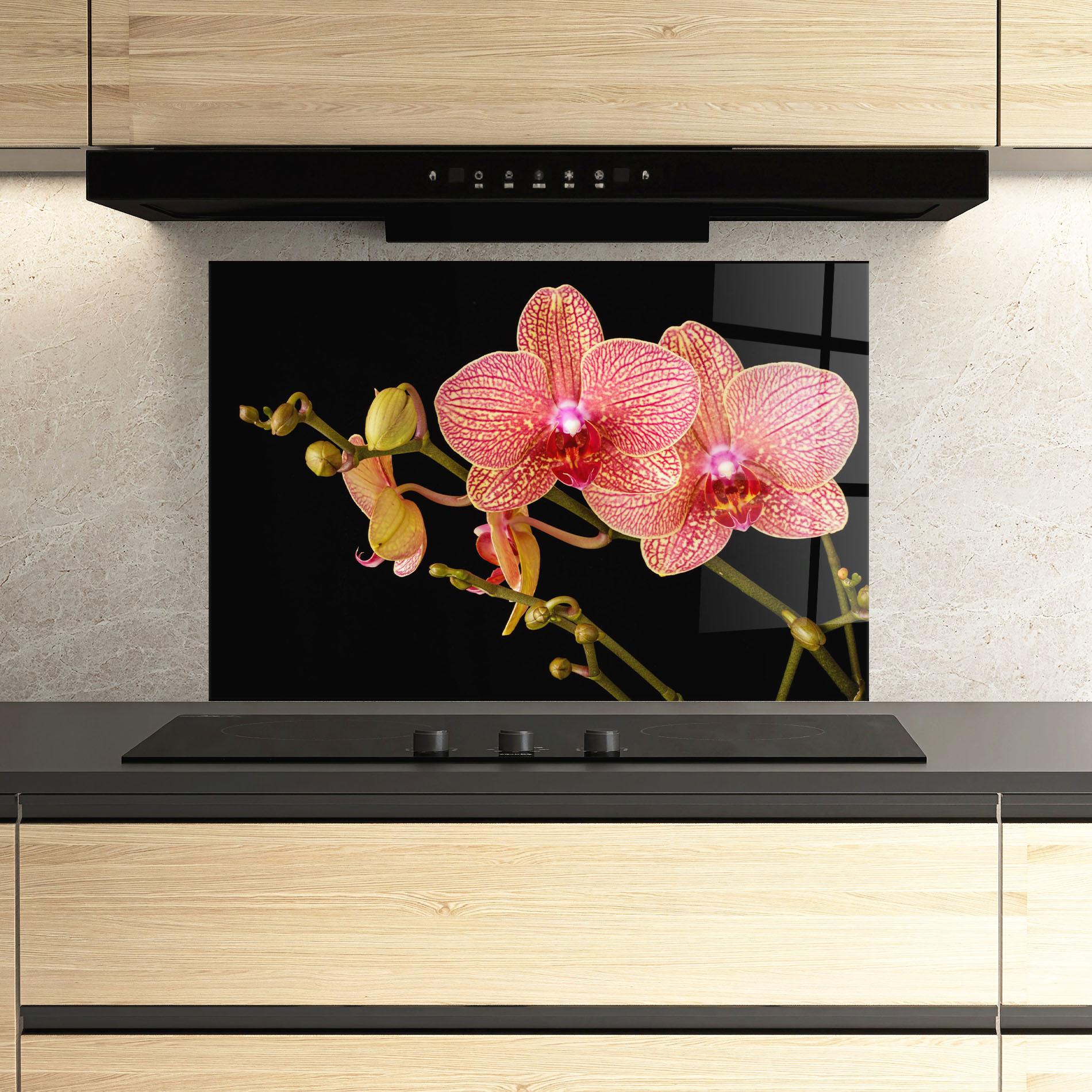 Panou Sticla Bucatarie Pink Orchids On Black mockup 3