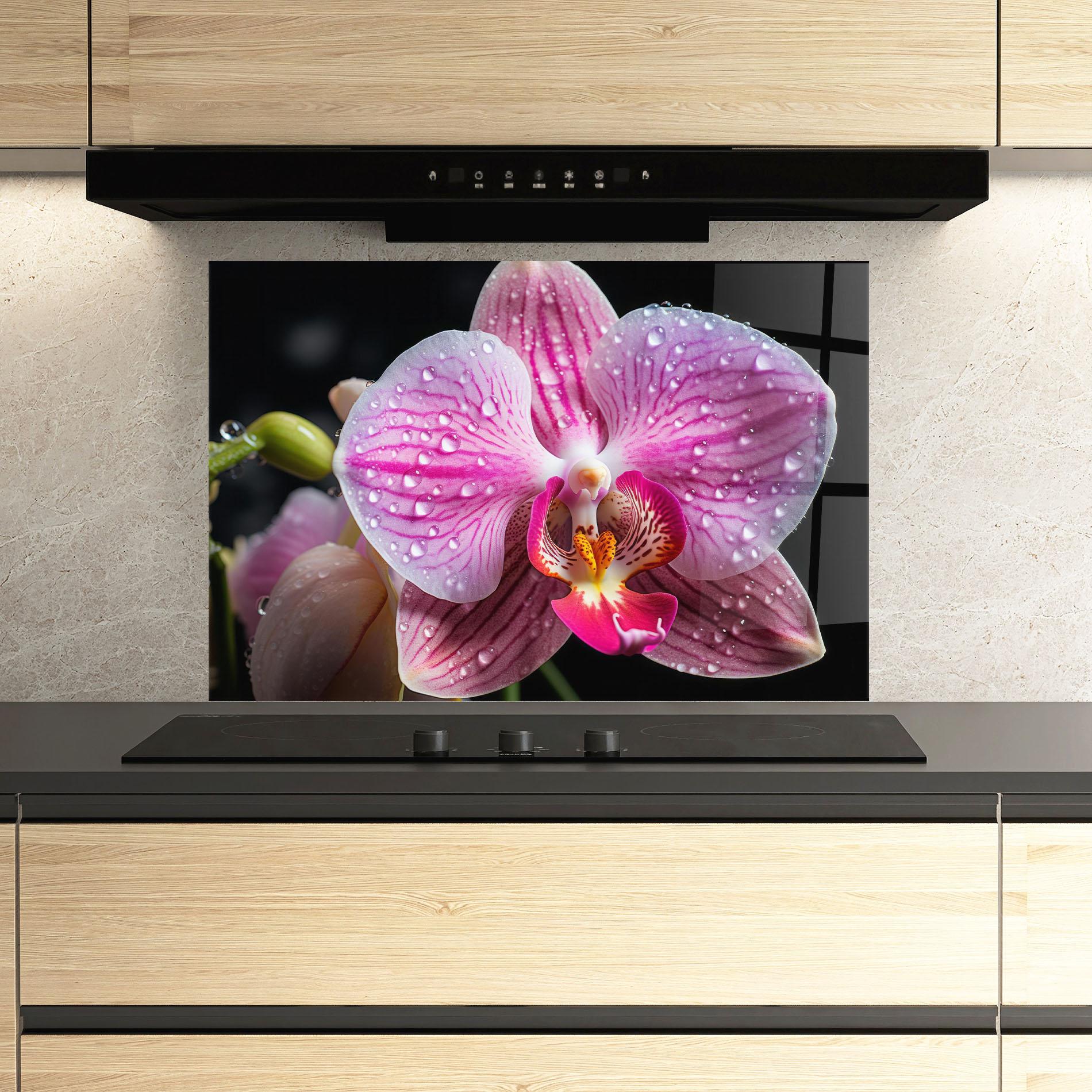 Panou Sticla Bucatarie Pretty Orchid After Rain mockup 3