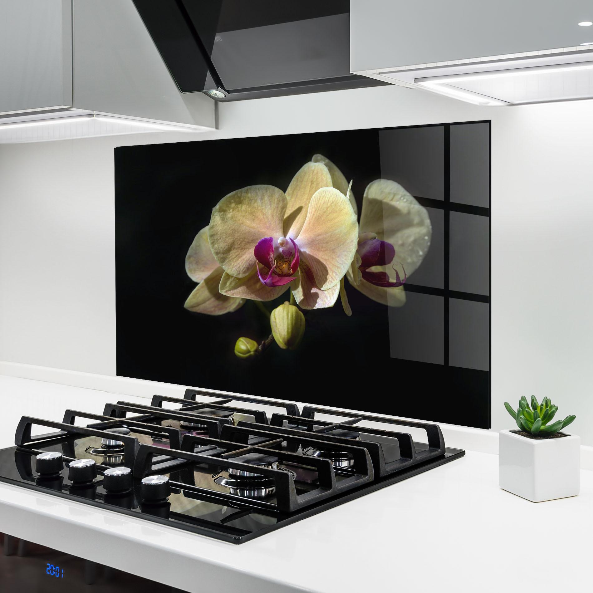 Panou Sticla Bucatarie Pastel Yellow Orchids mockup 6