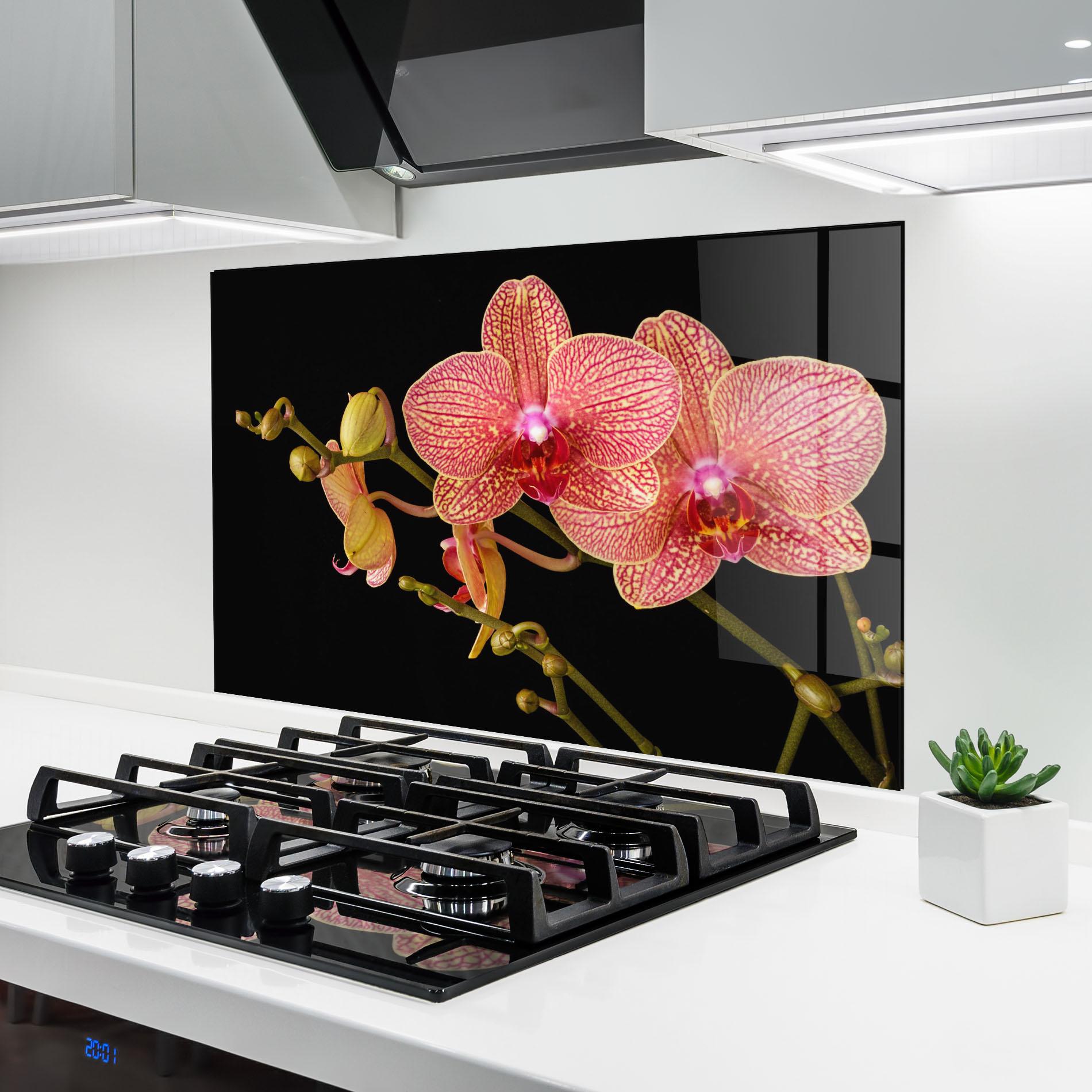 Panou Sticla Bucatarie Pink Orchids On Black mockup 6