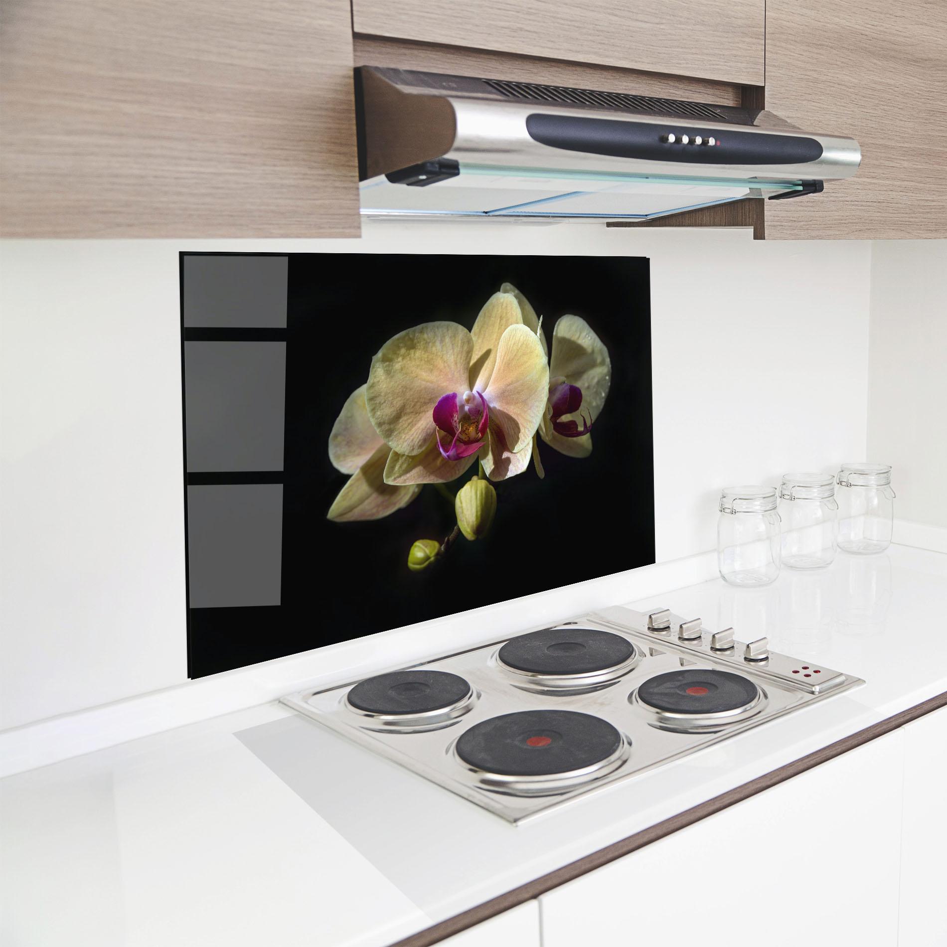 Panou Sticla Bucatarie Pastel Yellow Orchids mockup 8