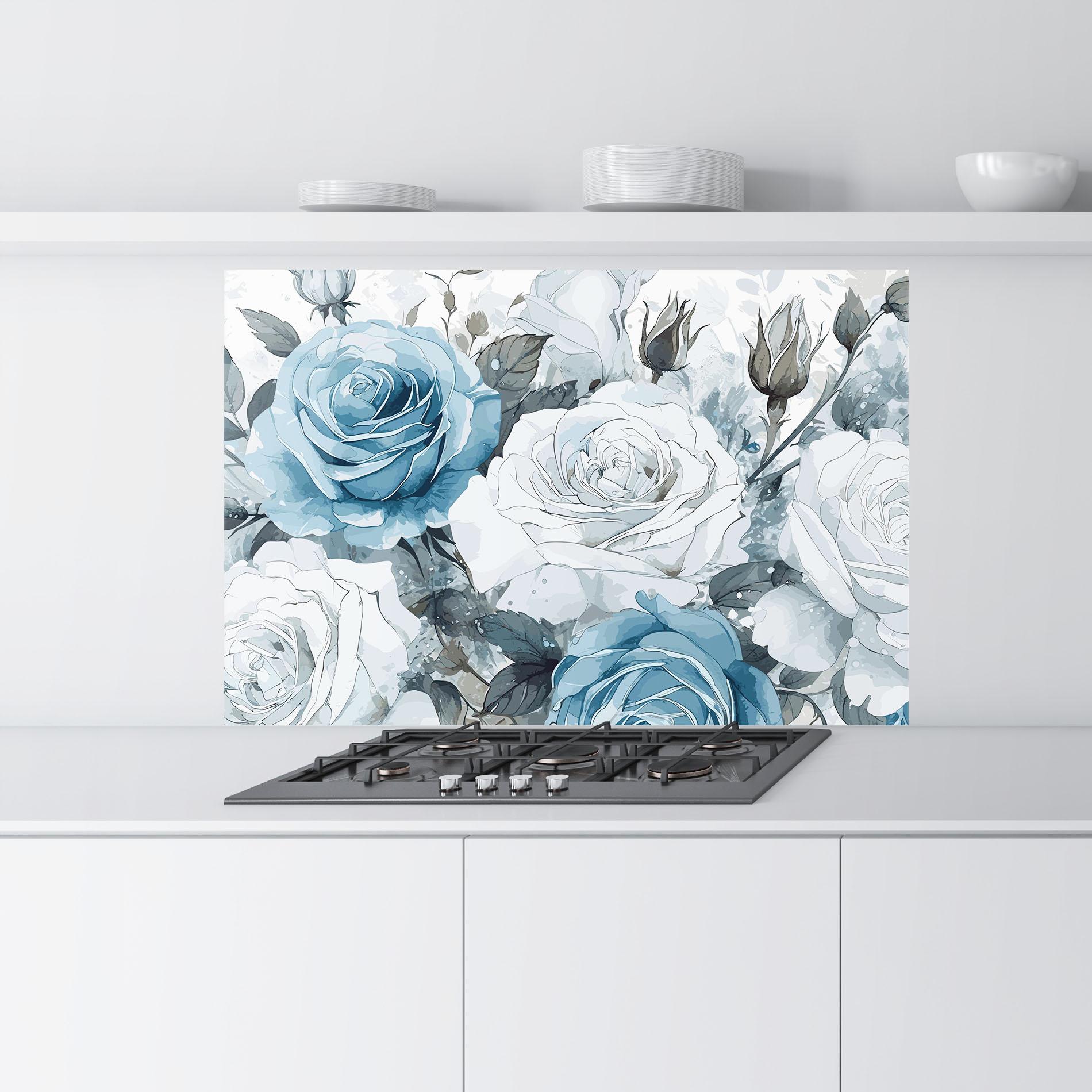 Panou Sticla Bucatarie Blue White Rose mockup 9