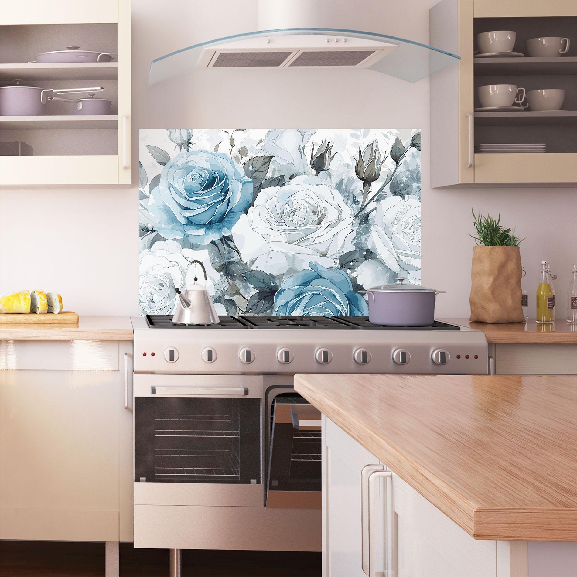 Panou Sticla Bucatarie Blue White Rose mockup 1