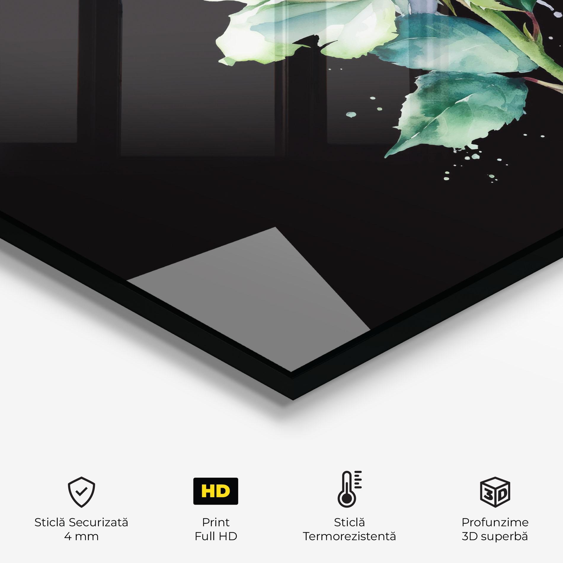 Panou Sticla Bucatarie White Green Rose mockup 2