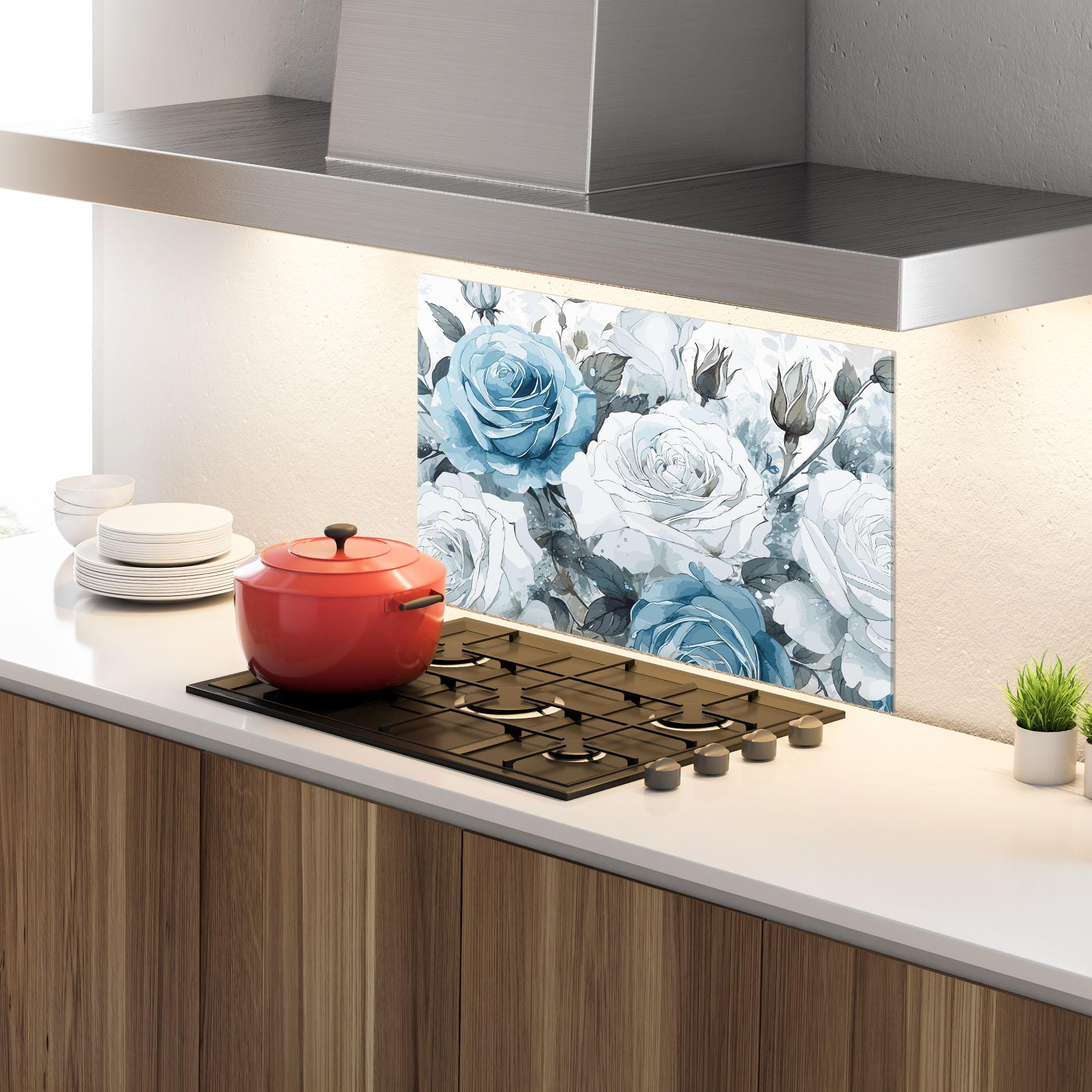Panou Sticla Bucatarie Blue White Rose mockup 4