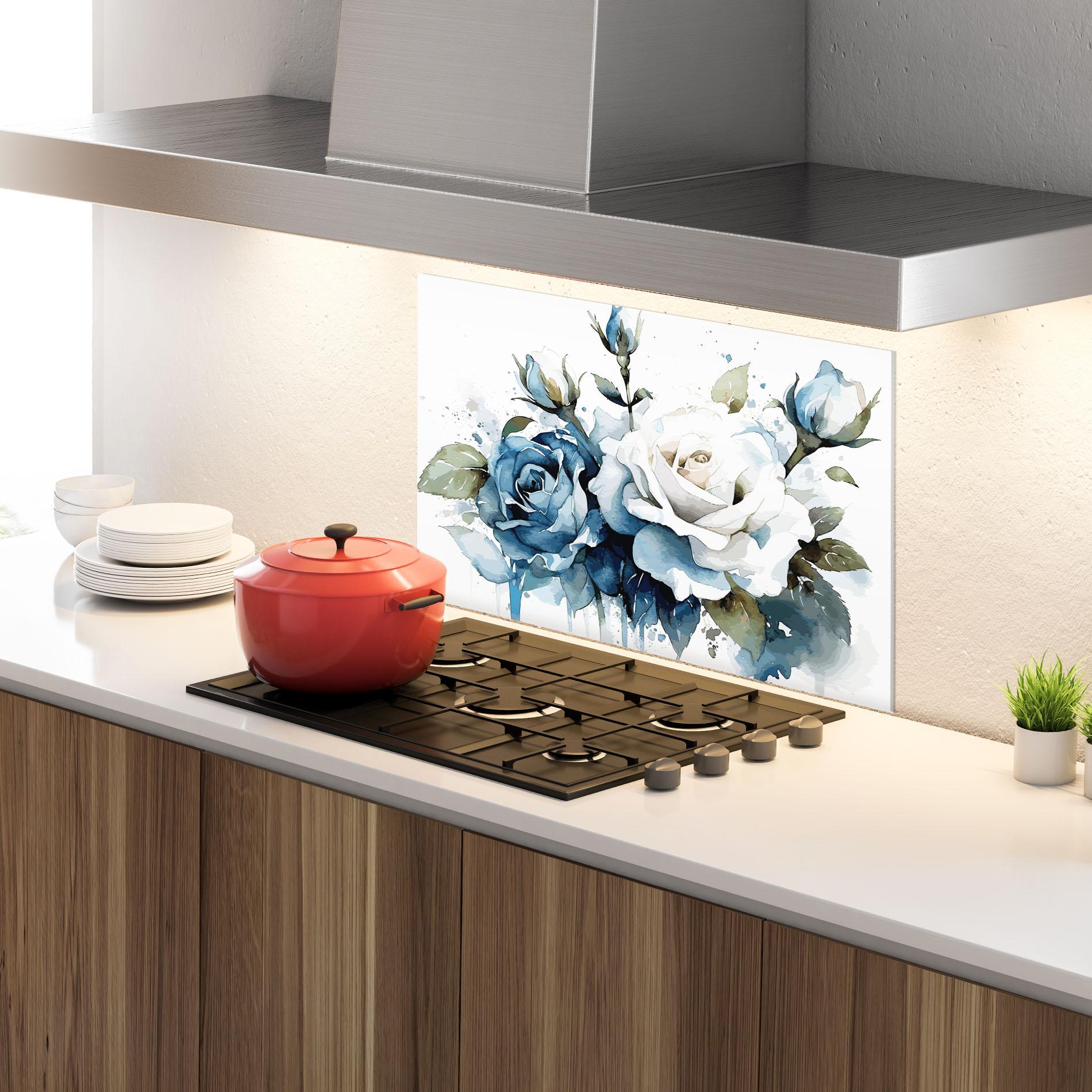Panou Sticla Bucatarie Blue White Roses mockup 4