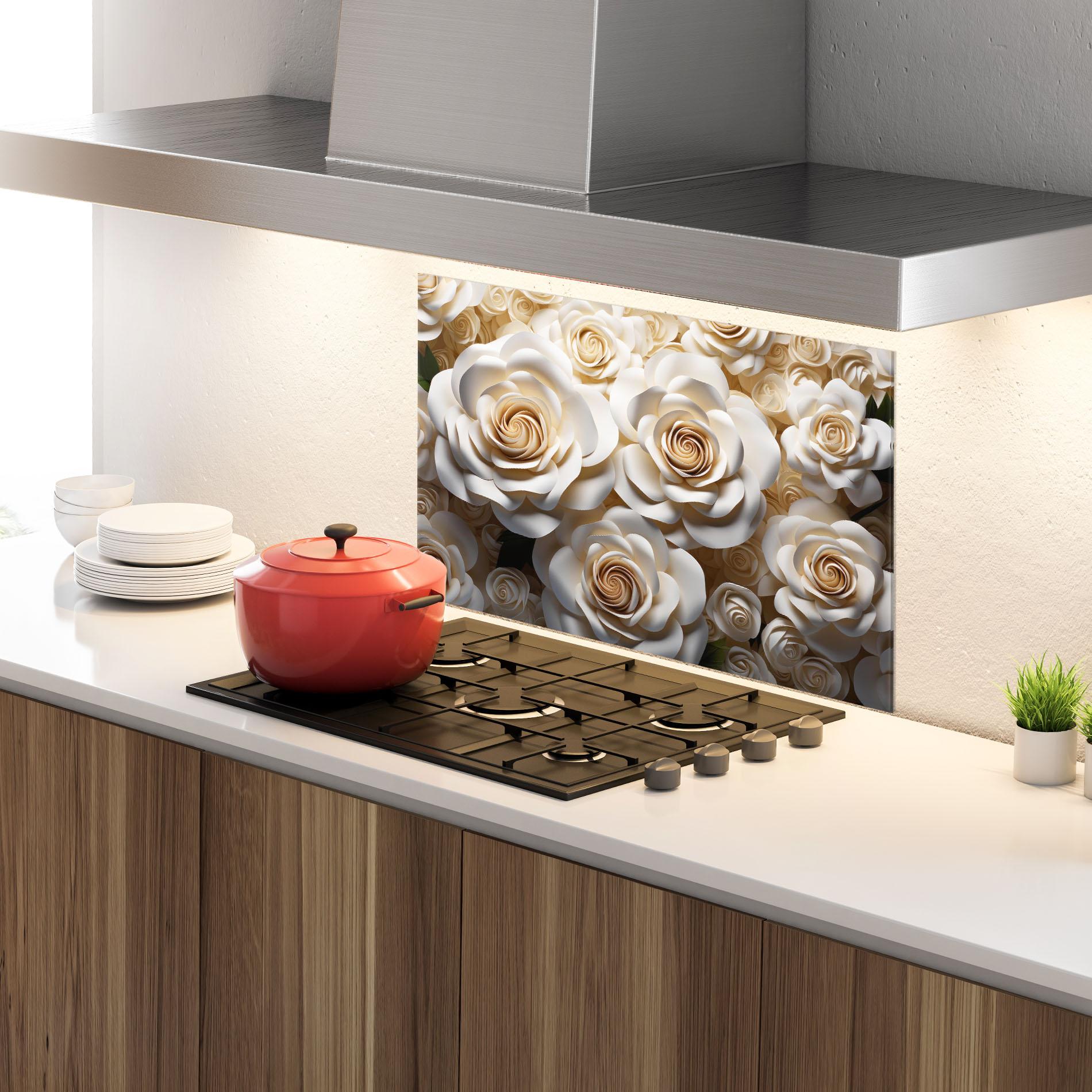 Panou Sticla Bucatarie Cream Roses Wall mockup 4