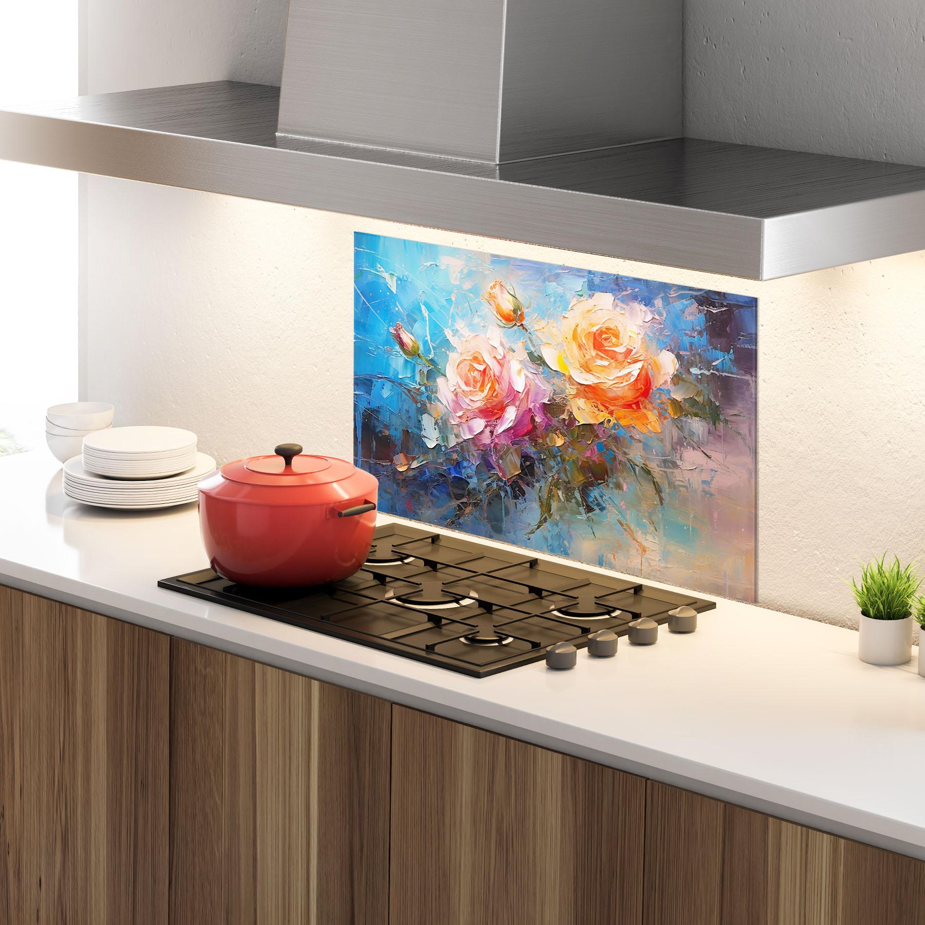 Panou Sticla Bucatarie Light Orange Rose Painting mockup 4