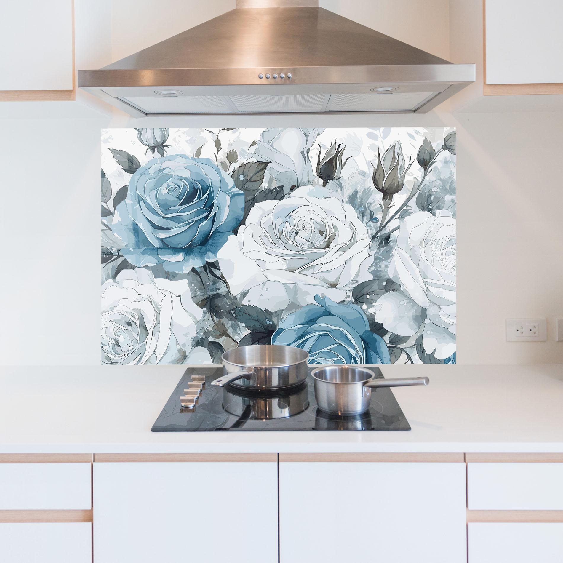 Panou Sticla Bucatarie Blue White Rose mockup 5