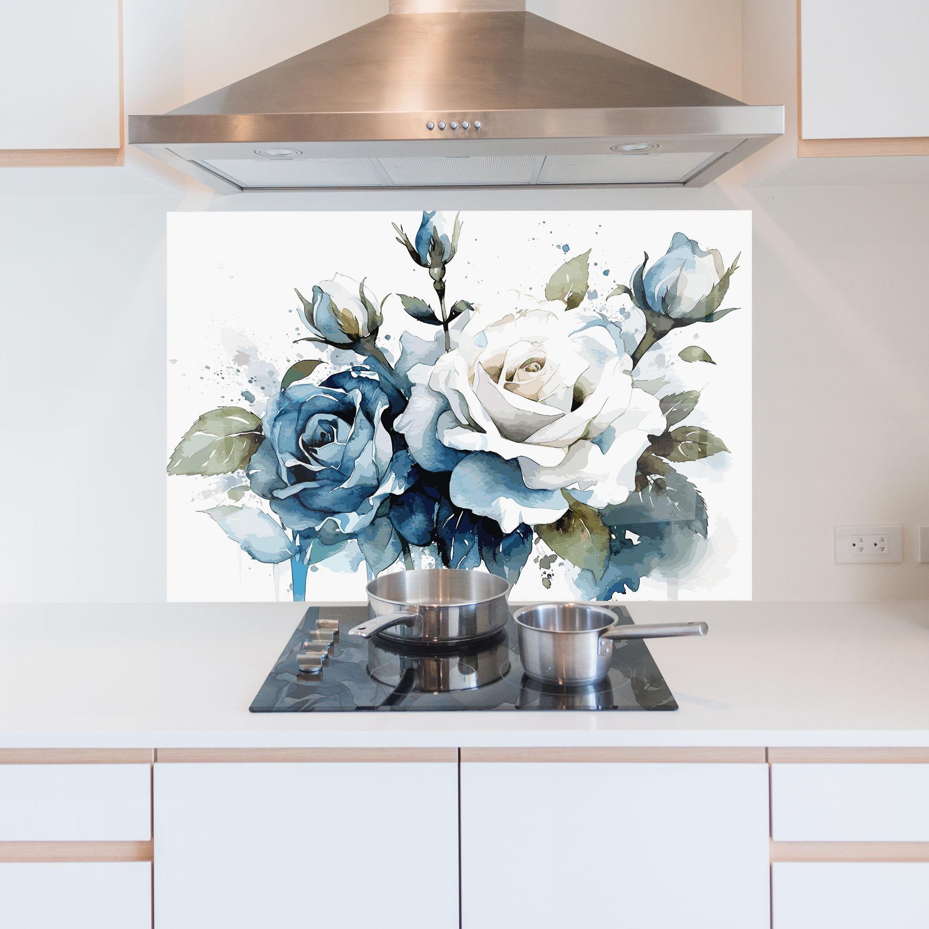 Panou Sticla Bucatarie Blue White Roses mockup 5