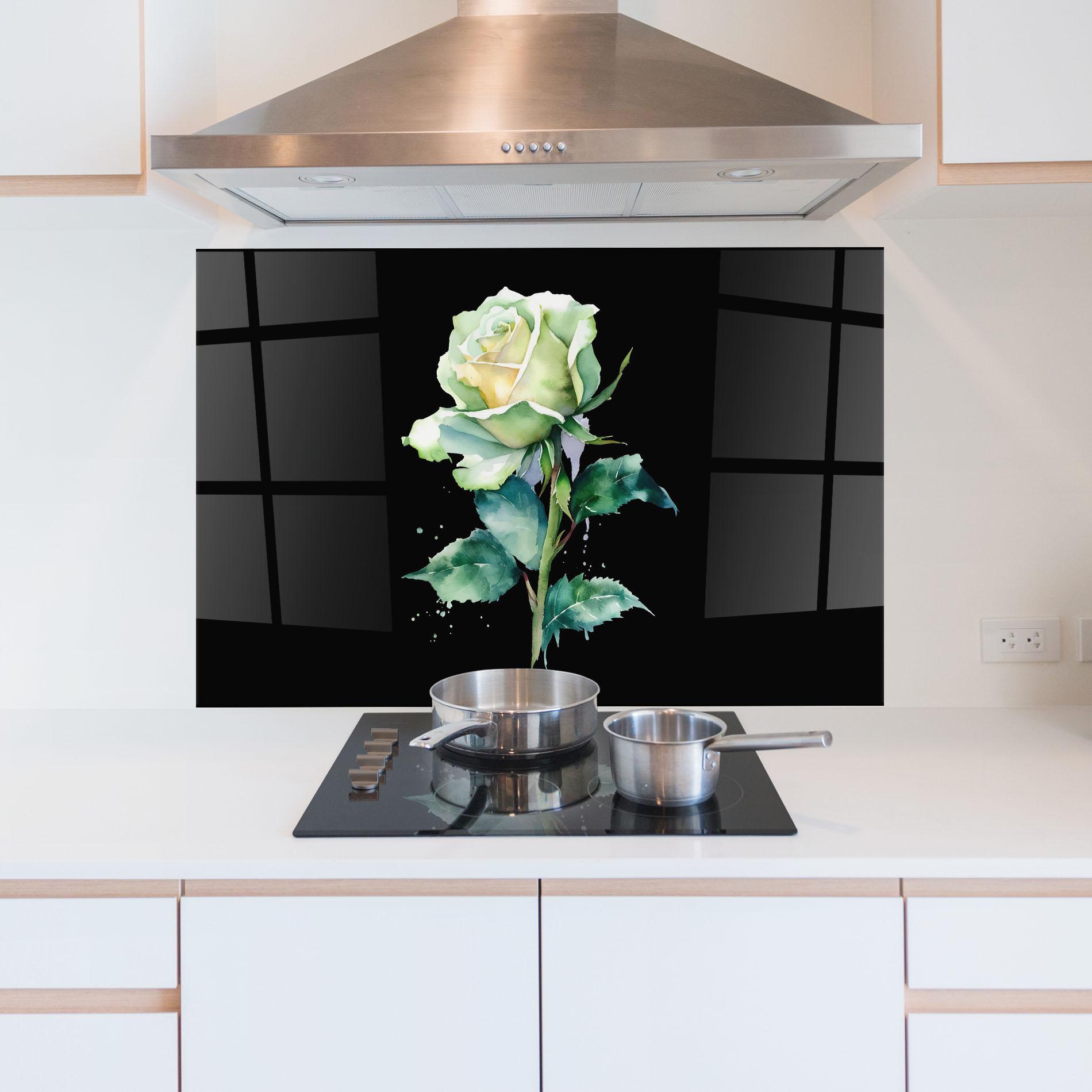 Panou Sticla Bucatarie White Green Rose mockup 5