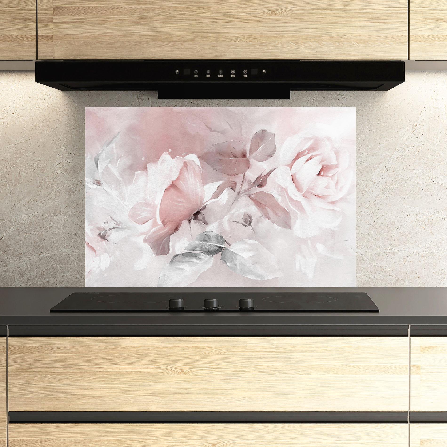 Panou Sticla Bucatarie Abstract Pink Flowers mockup 3