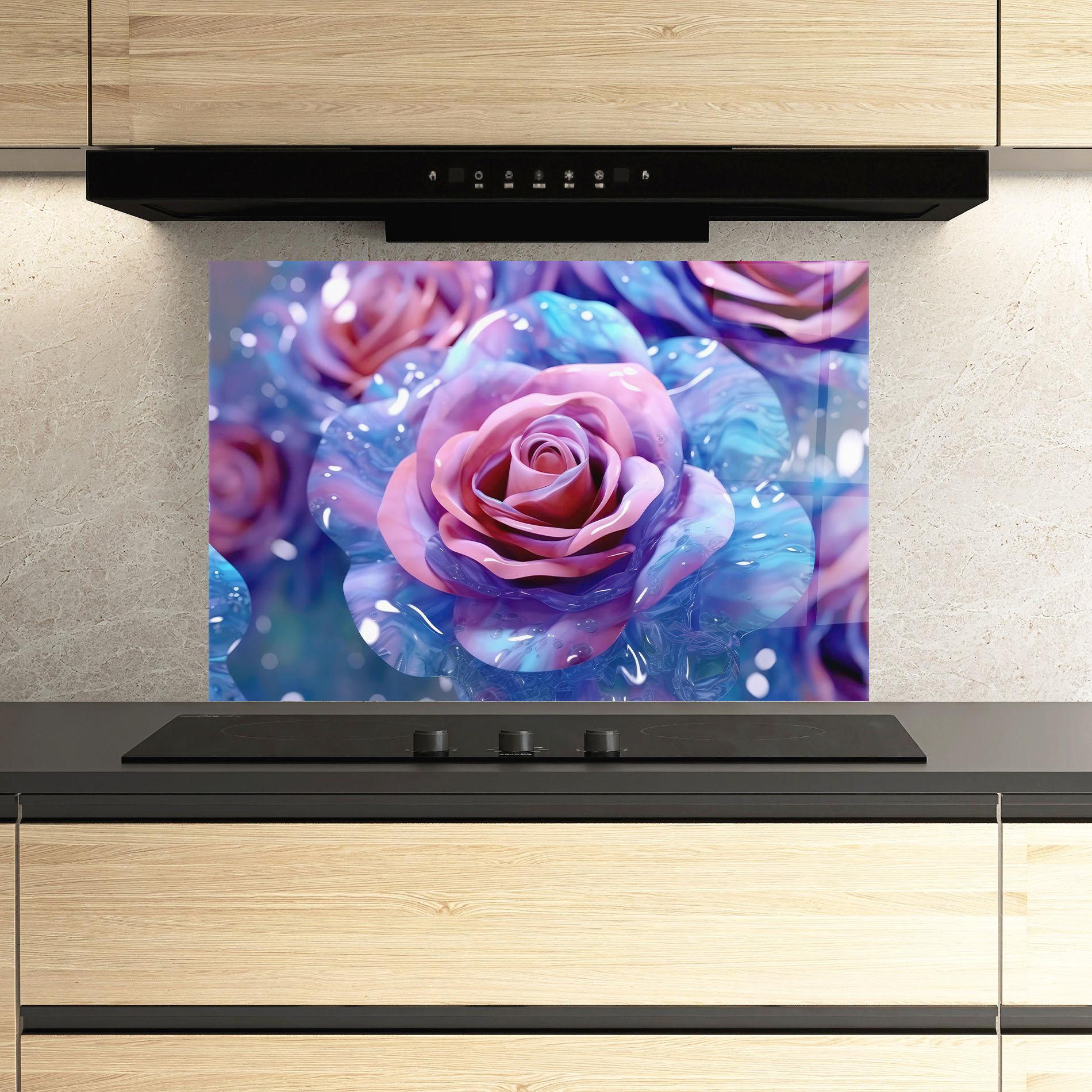 Panou Sticla Bucatarie Beautiful Blue Pink Rose mockup 3
