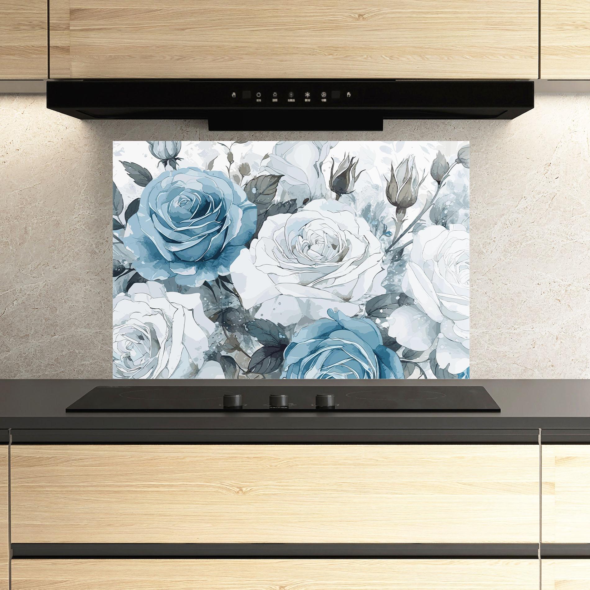 Panou Sticla Bucatarie Blue White Rose mockup 3