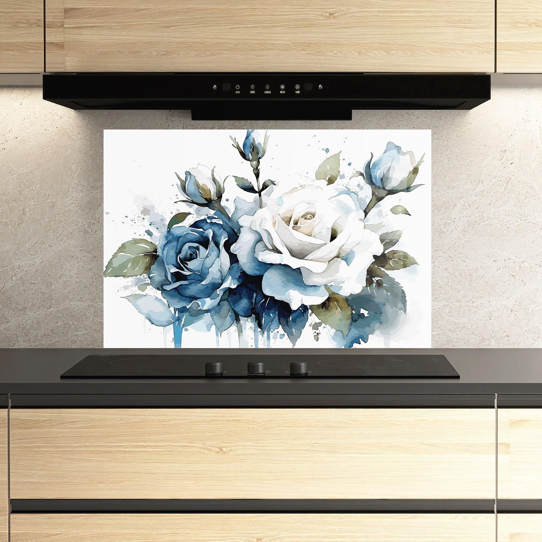 Panou Sticla Bucatarie Blue White Roses mockup 3