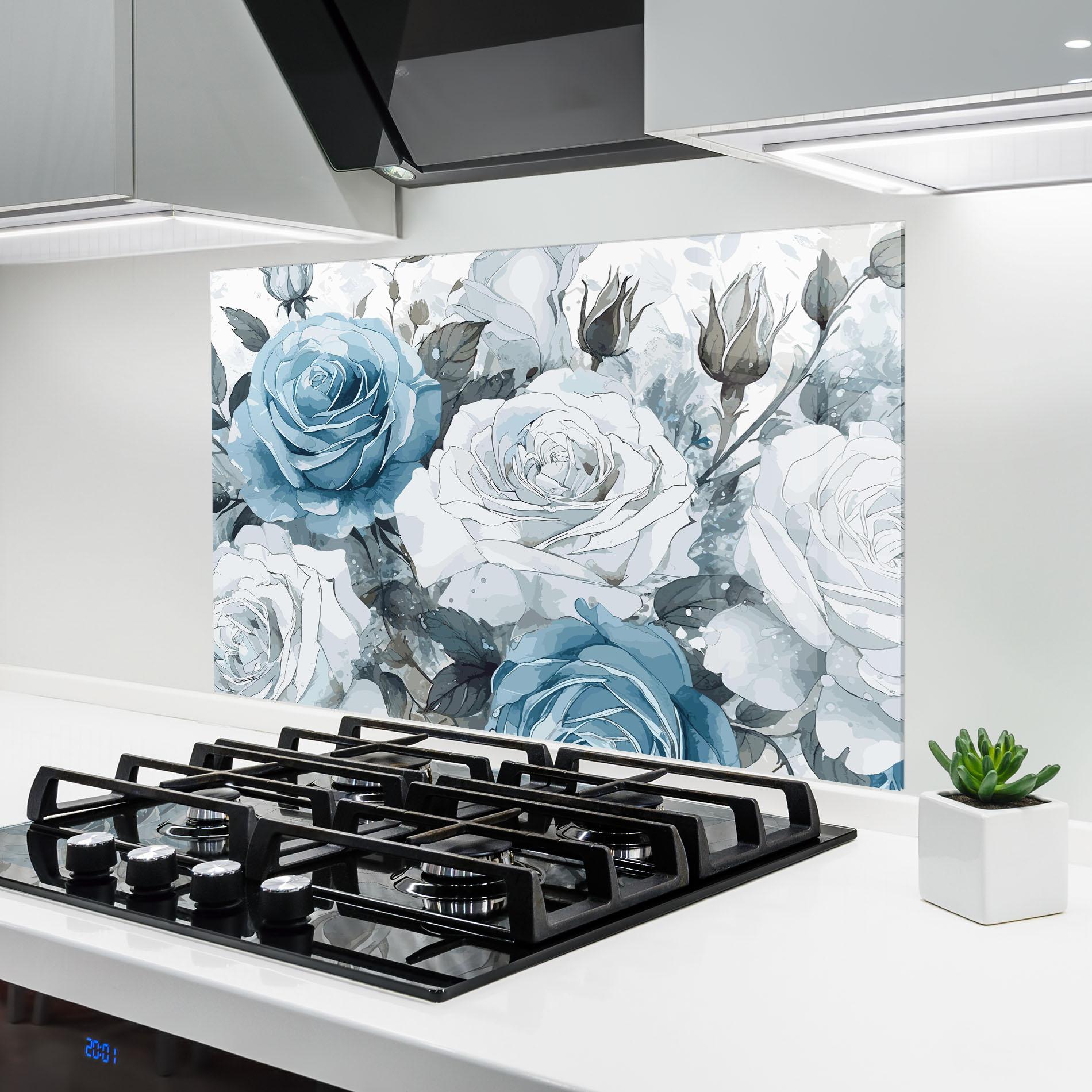 Panou Sticla Bucatarie Blue White Rose mockup 6
