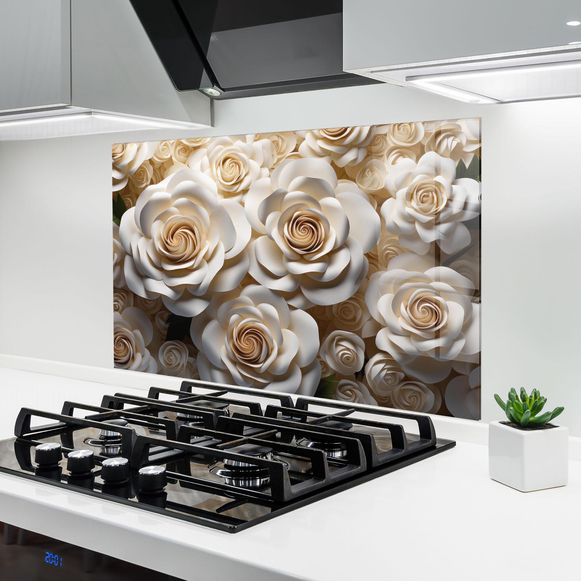 Panou Sticla Bucatarie Cream Roses Wall mockup 6