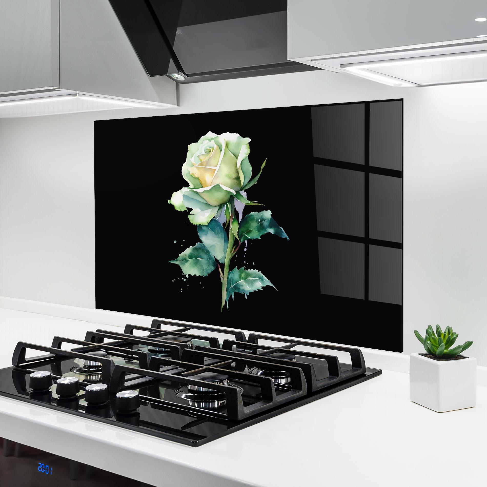 Panou Sticla Bucatarie White Green Rose mockup 6