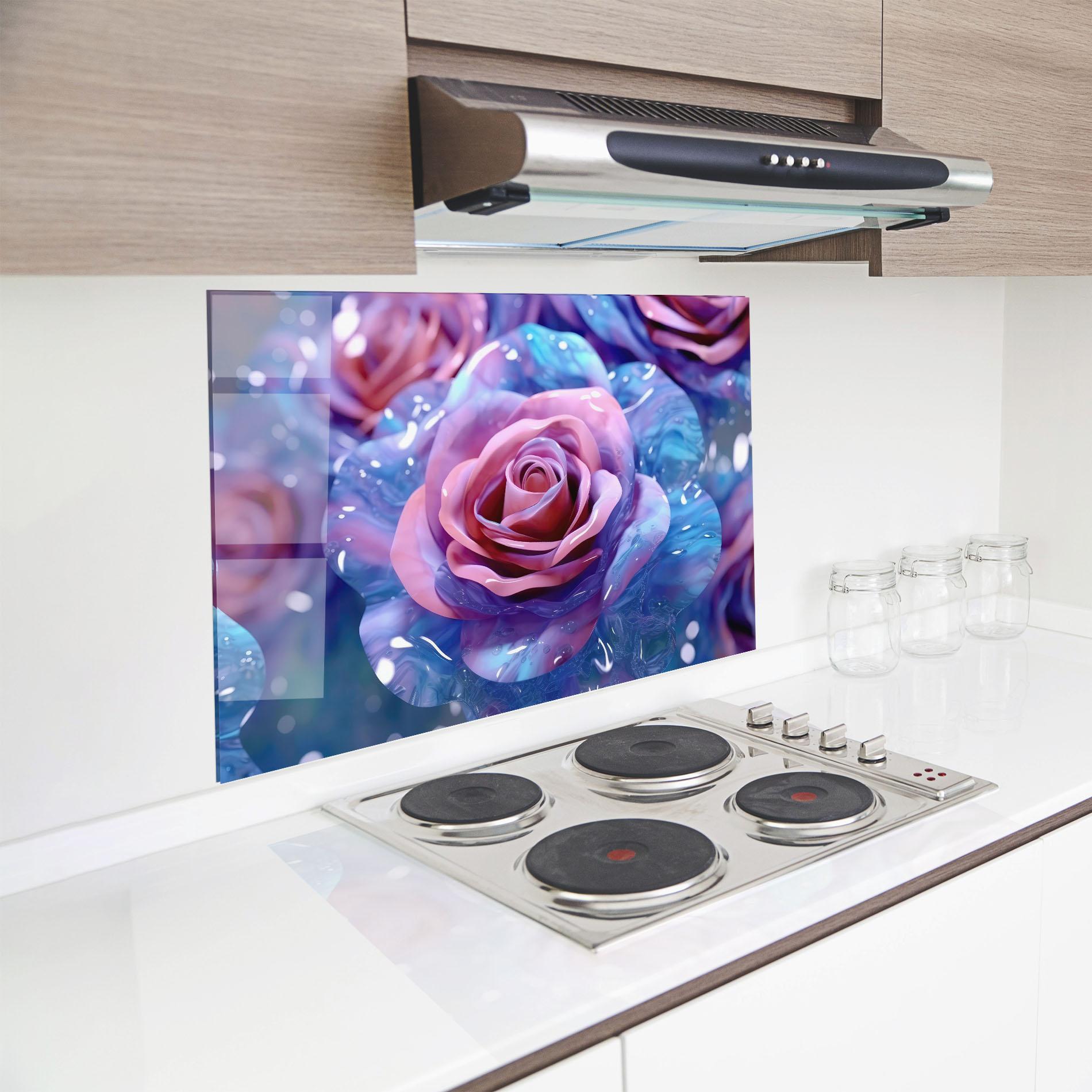 Panou Sticla Bucatarie Beautiful Blue Pink Rose mockup 8