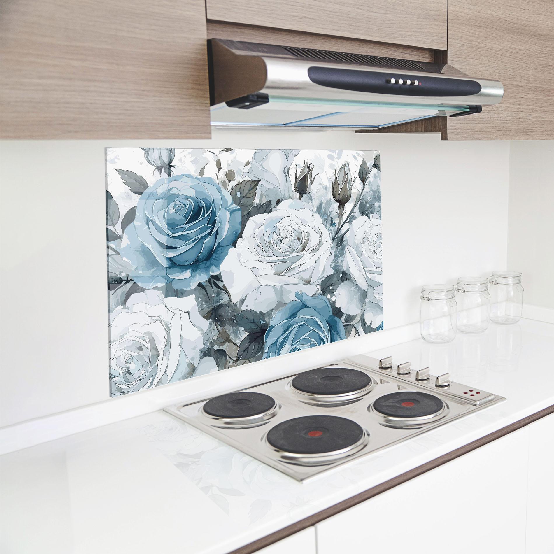 Panou Sticla Bucatarie Blue White Rose mockup 8