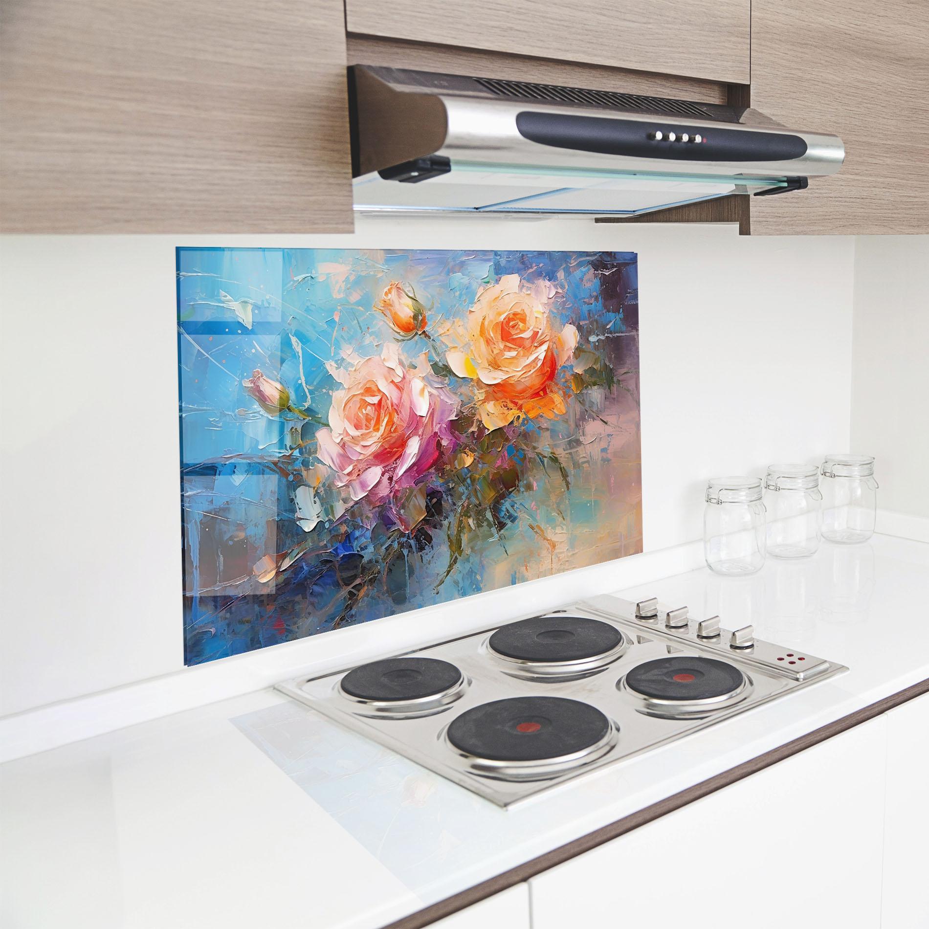 Panou Sticla Bucatarie Light Orange Rose Painting mockup 8