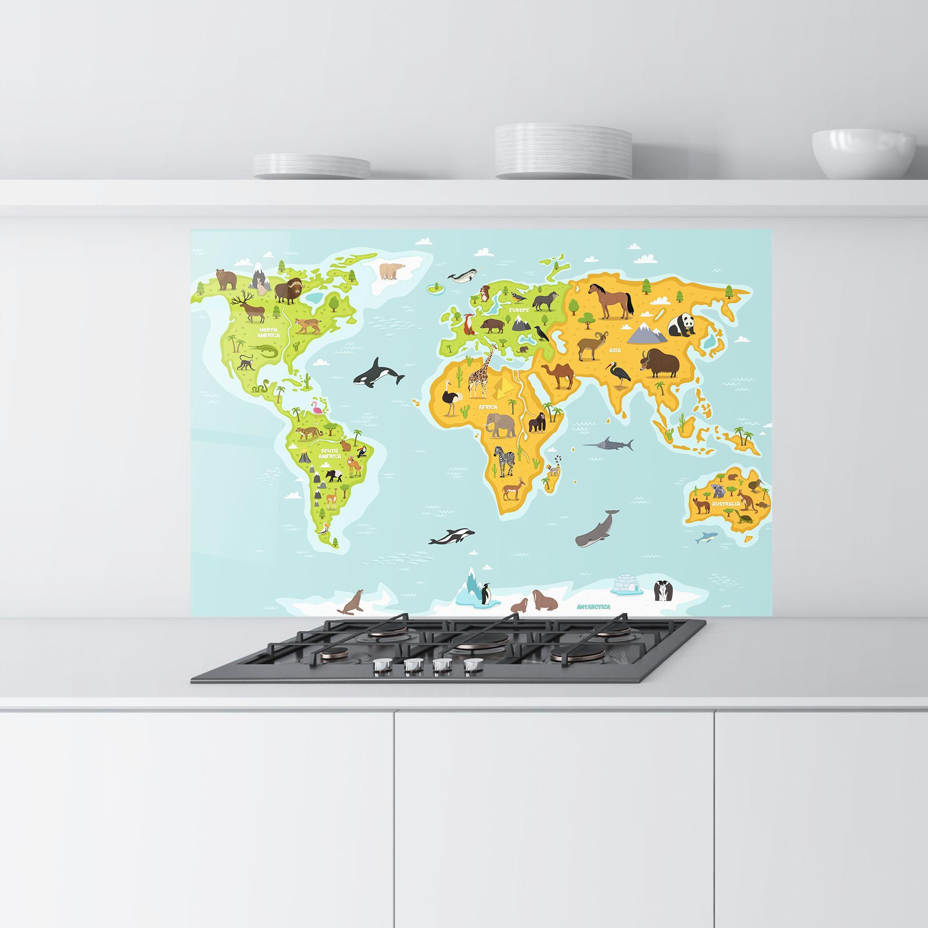 Panou Sticla Bucatarie Animals World Map mockup 9