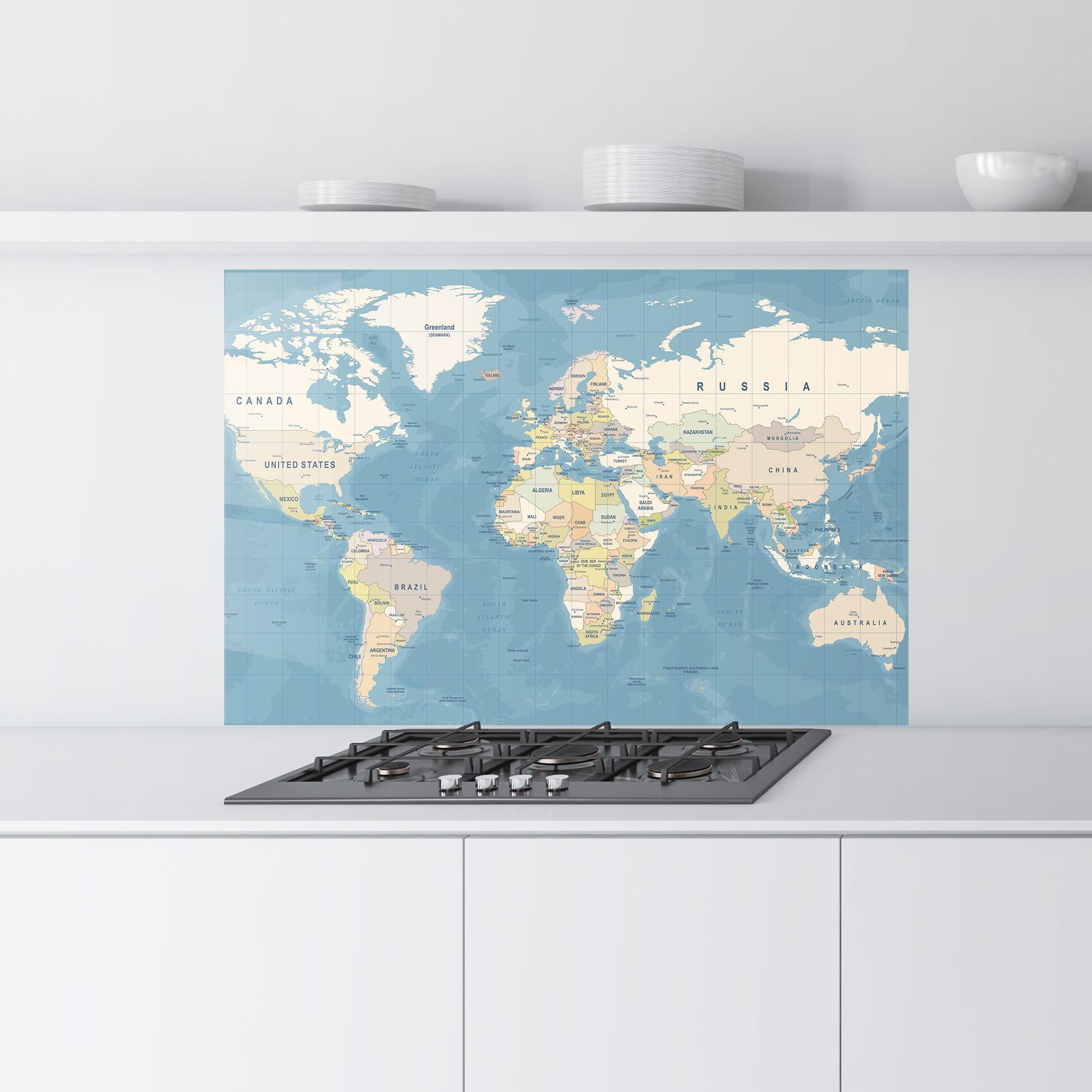 Panou Sticla Bucatarie Blue World Map mockup 9