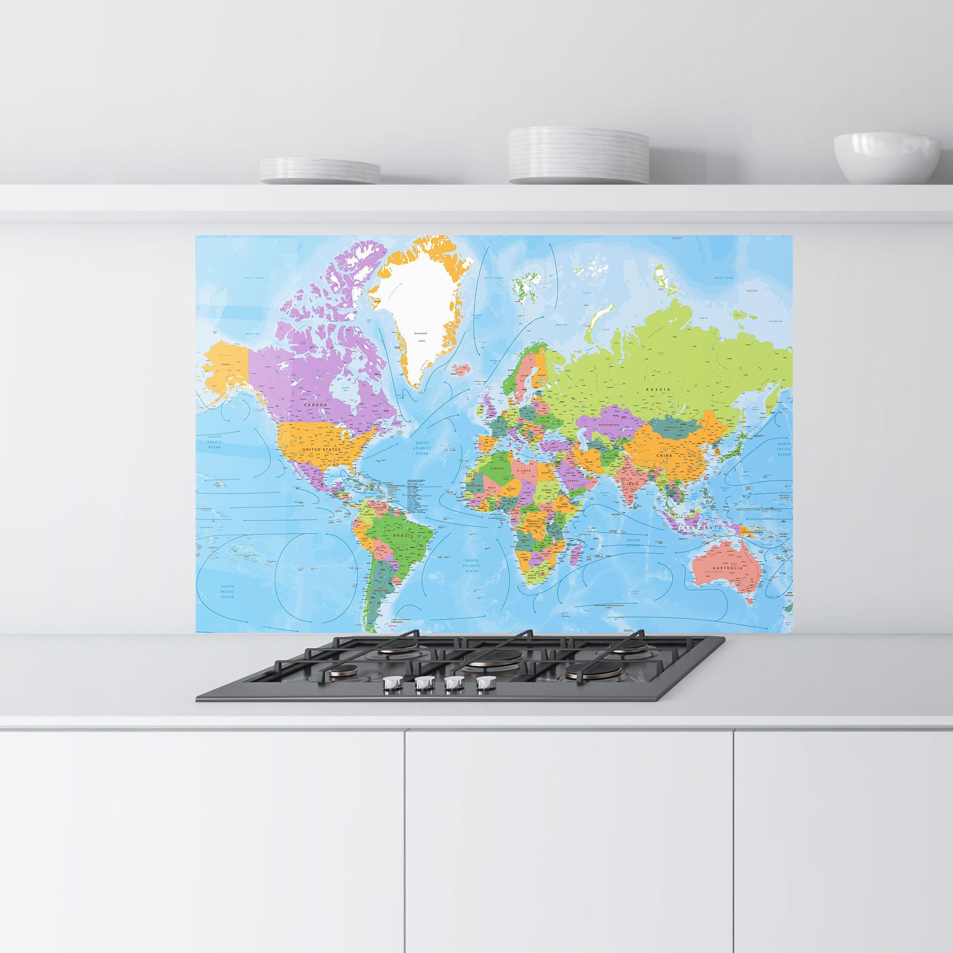 Panou Sticla Bucatarie Color World Map mockup 9