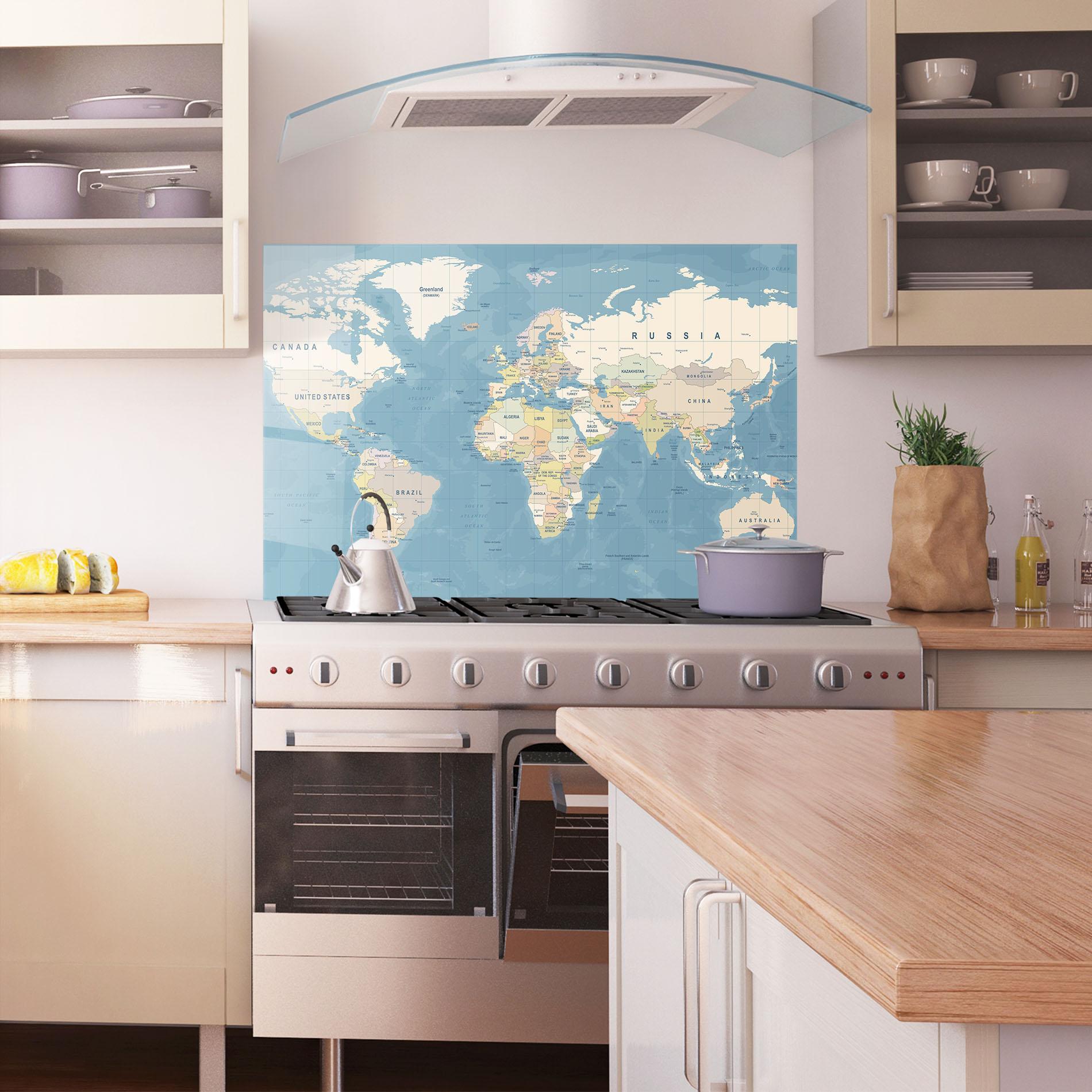 Panou Sticla Bucatarie Blue World Map mockup 1