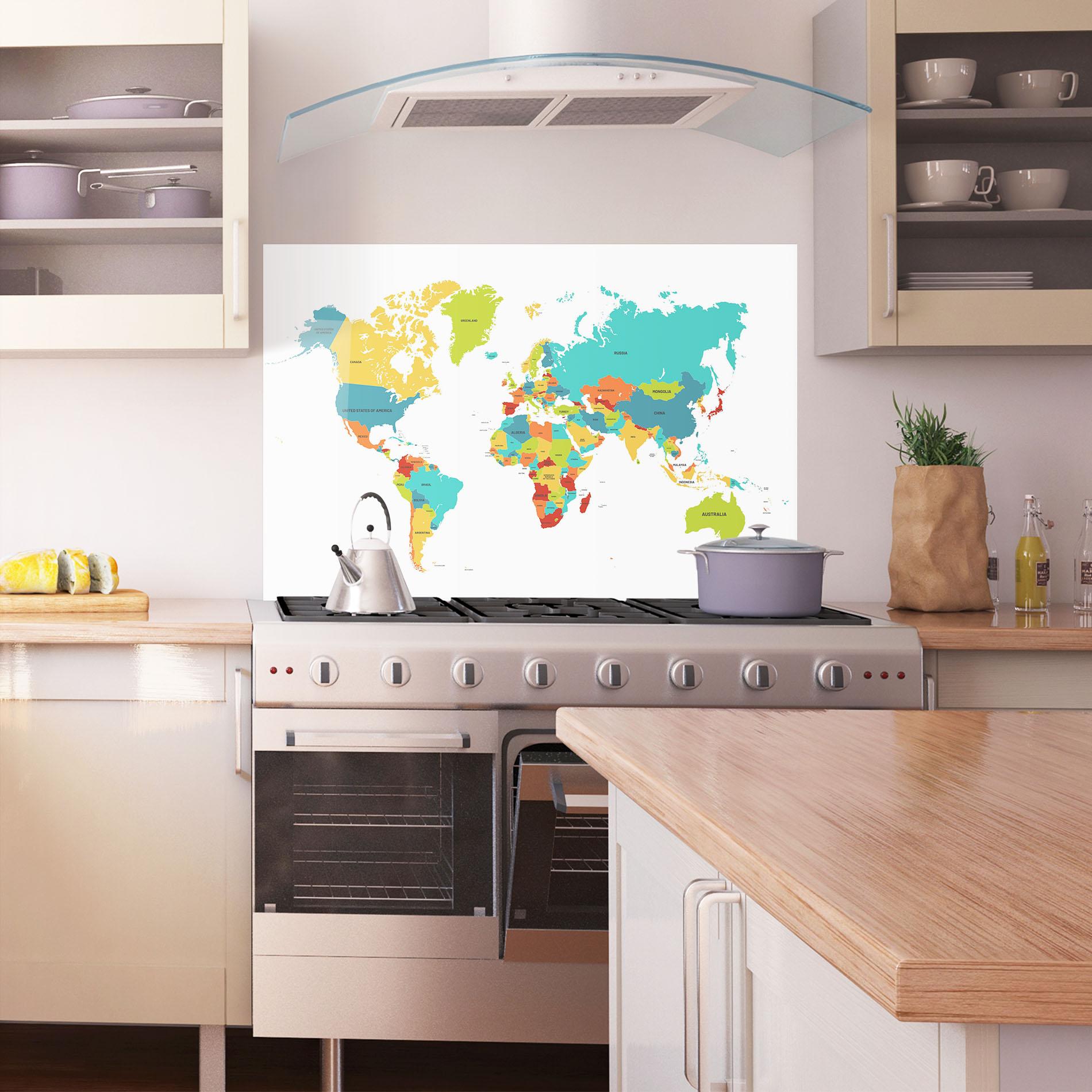Panou Sticla Bucatarie Colorful World Map mockup 1