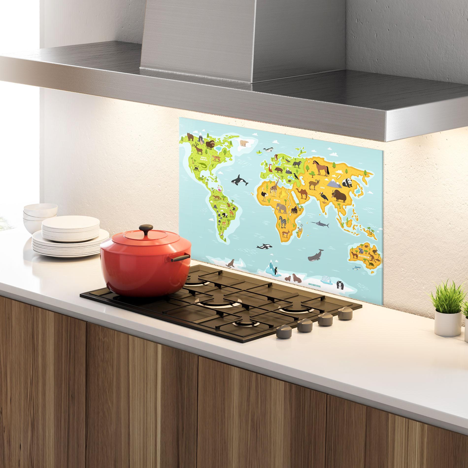 Panou Sticla Bucatarie Animals World Map mockup 4